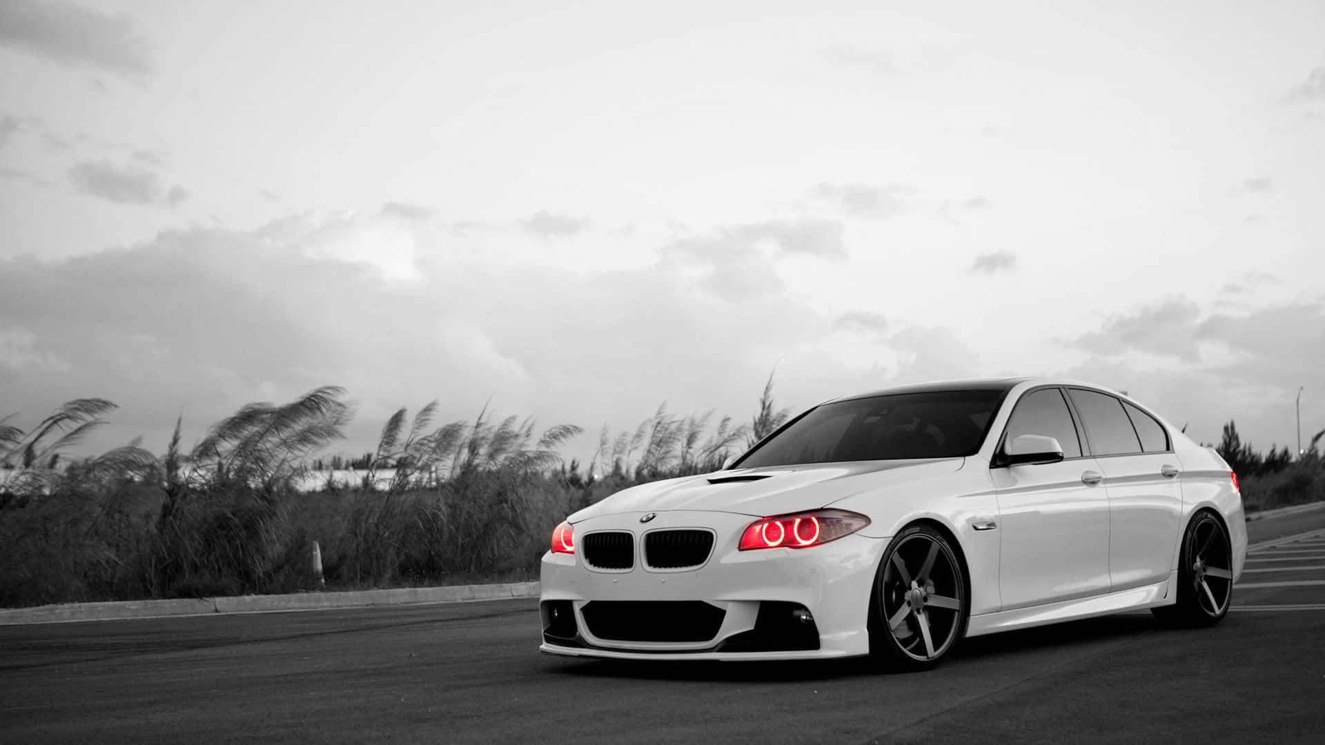 Bmw M5 桌布 壁紙 — 一輛白色BMW房車，帶有發光的紅色圓形頭燈，在陰天天空下，行駛在長滿高草的馬路旁。
