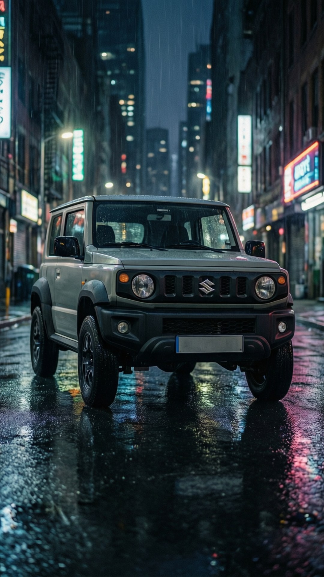 Suzuki Jimny 桌布 壁紙 — 一輛灰色鈴木 Jimny 在夜間停泊在濕滑的市區街道上，霓虹招牌在高樓大廈下的水窪中倒映。