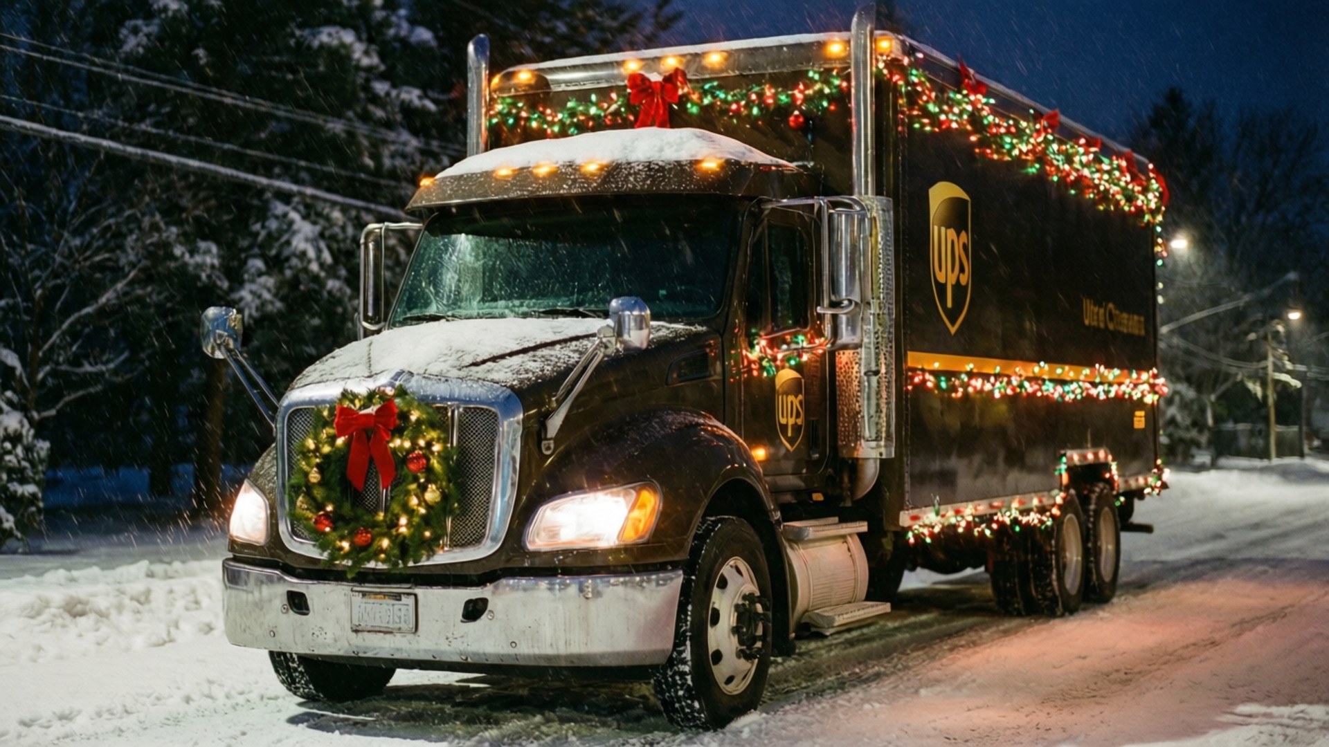 Ups 桌布 壁紙 — 一輛沾滿雪花的UPS貨車，裝飾著節日燈飾和花環，在冬夜的街道上滑行。