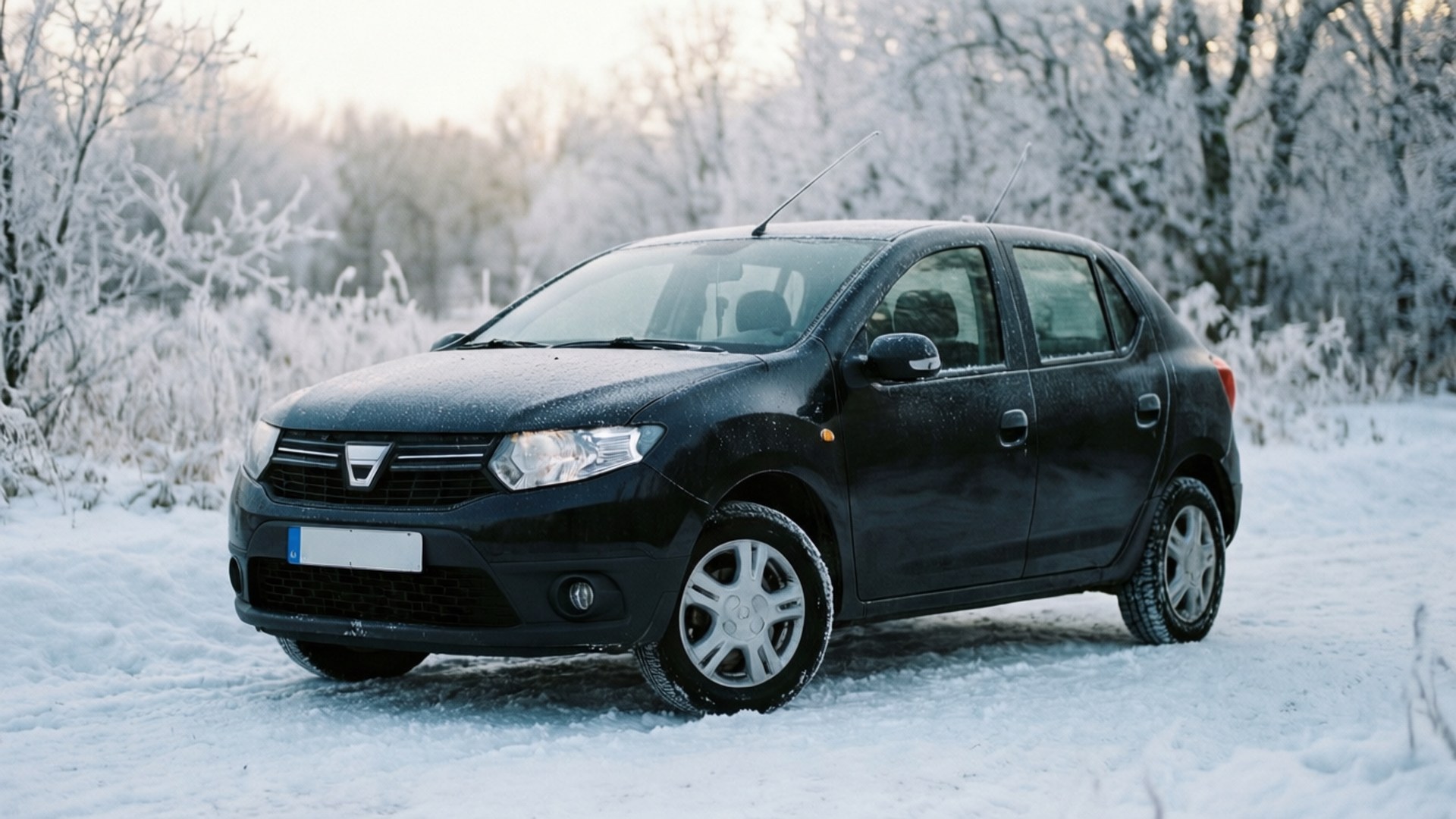 黑色汽車停泊在雪地森林中，黎明時分
