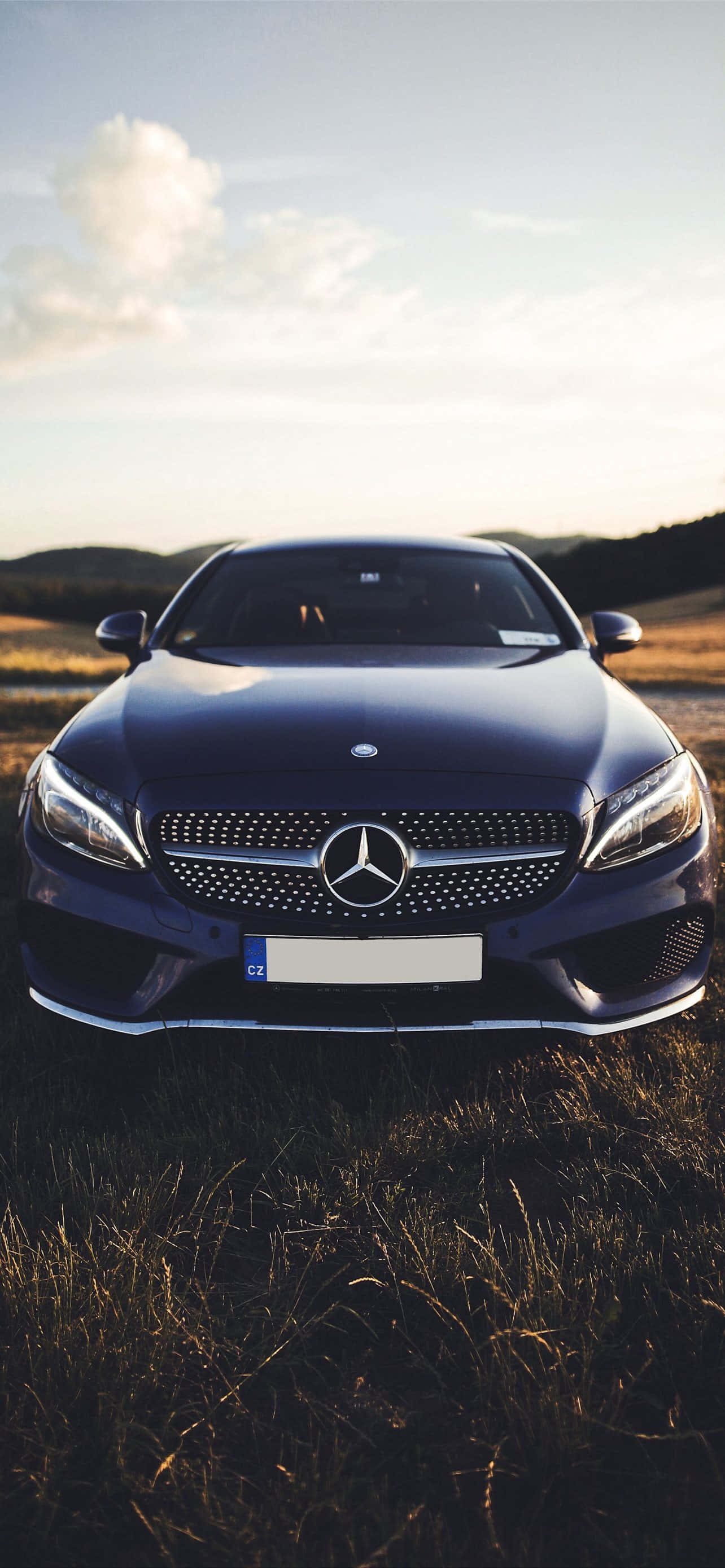 Mercedes Benz Sl-class 桌布 壁紙 — 一輛時尚的深藍色平治房車停在柔和的金色日落天空下的高草叢中。