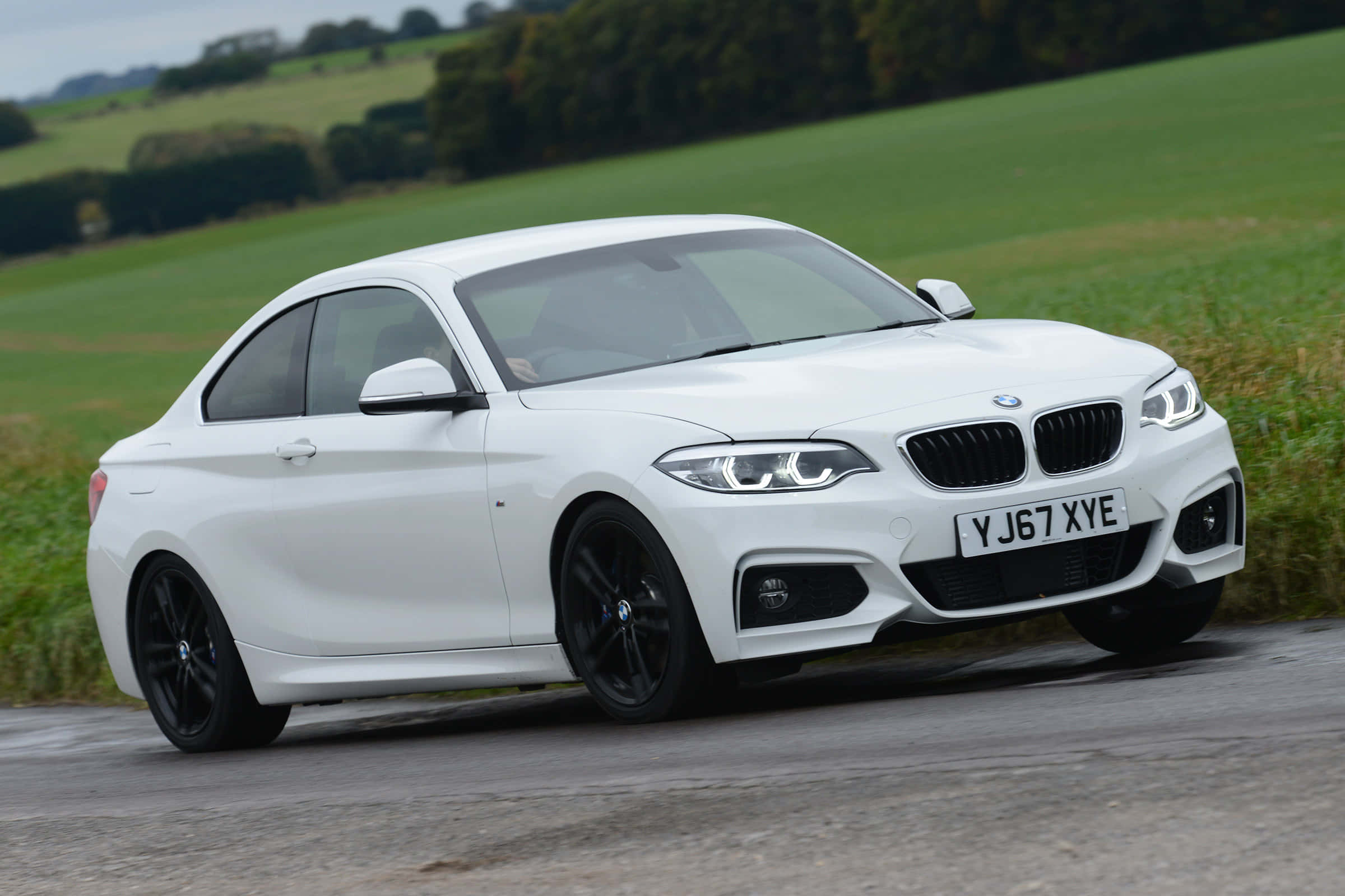 Bmw 2 Series 桌布 壁紙 — 一輛時尚的白色寶馬雙門轎跑車配黑色輪圈，在陰天下行駛於鄉村道路，穿過翠綠的田野。