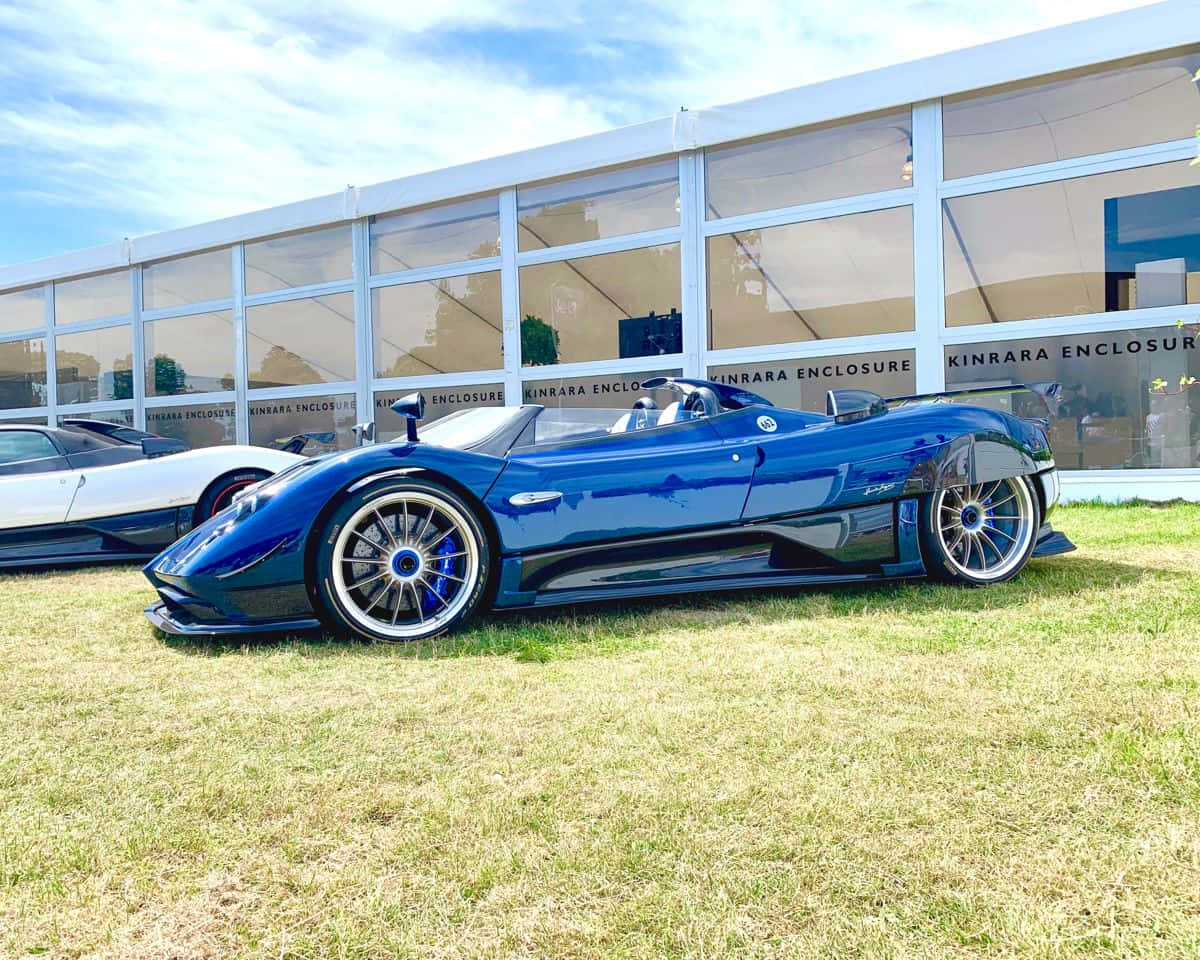 Pagani Zonda Hp Barchetta 桌布 壁紙 — 一輛時尚的藍色Pagani Zonda跑車在明亮的陽光下，停泊在現代玻璃建築旁的乾草上閃閃發光。