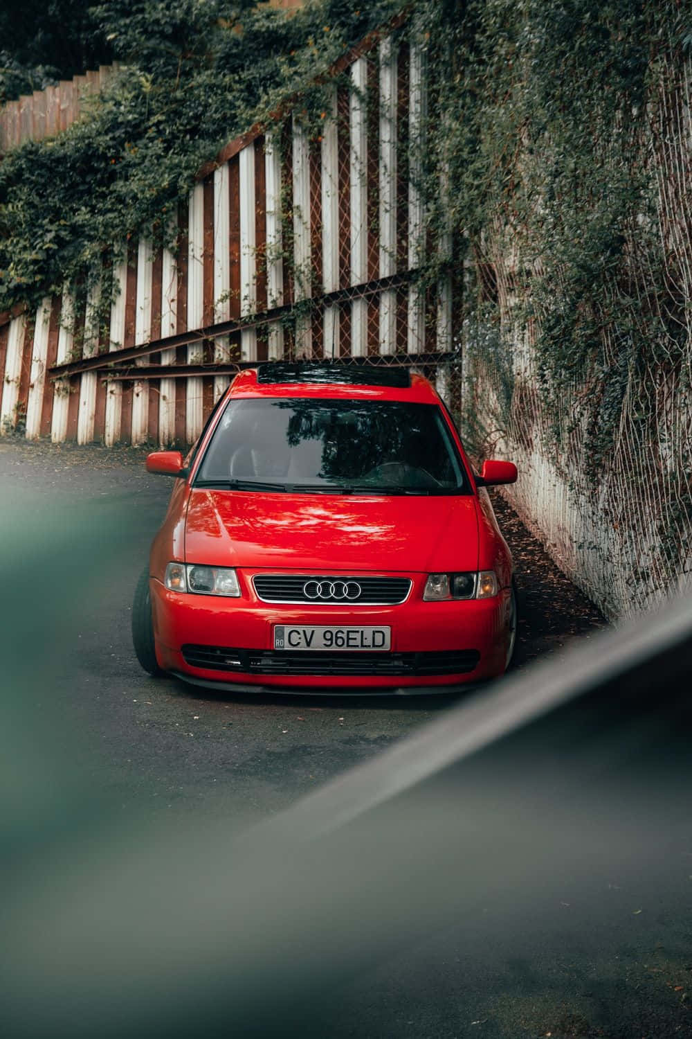 Audi S3 桌布 壁紙 — 一輛鮮紅色的奧迪停在一條狹窄的街道上，旁邊是佈滿常春藤的舊木柵欄。