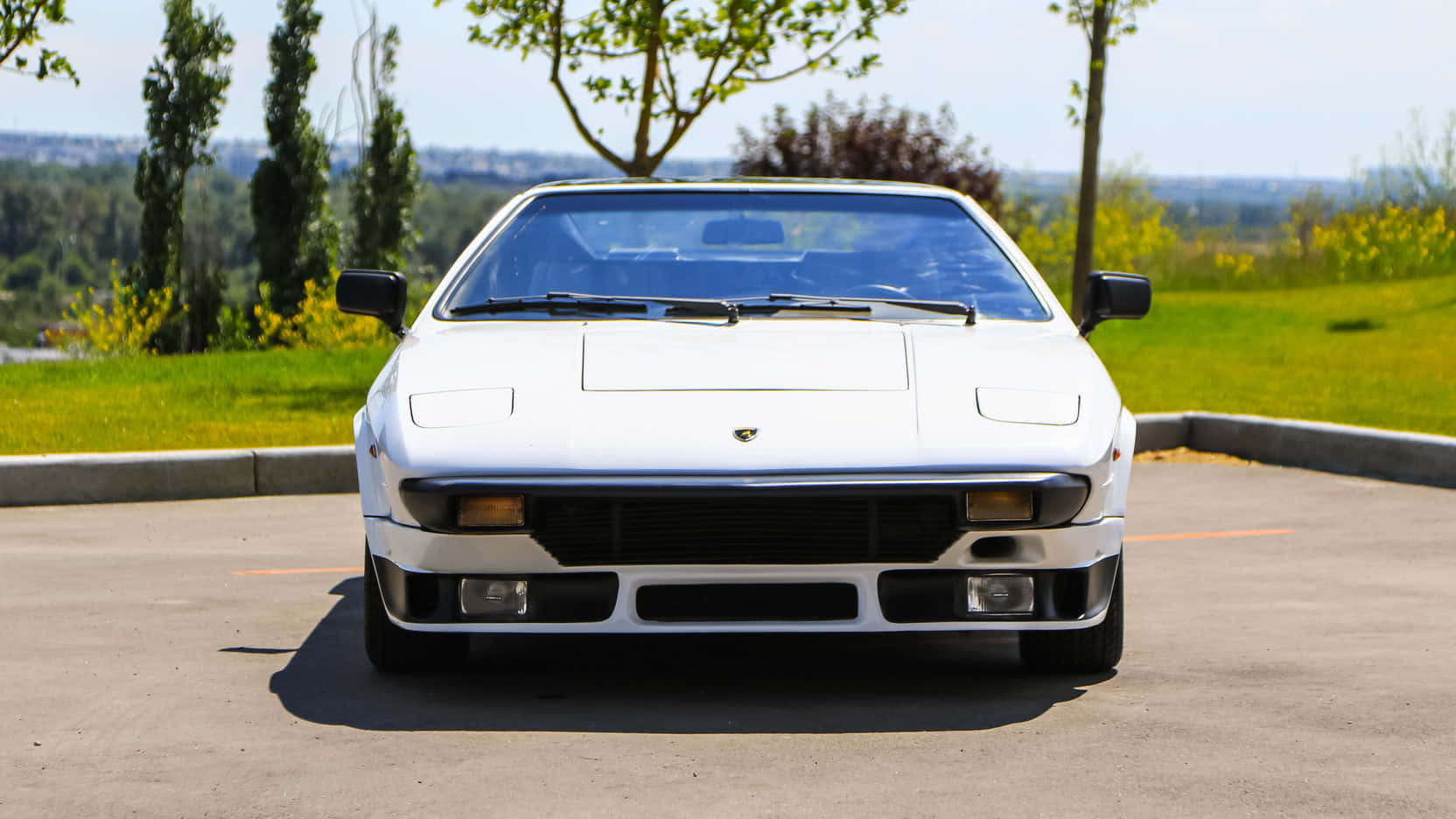 Lamborghini Silhouette 桌布 壁紙 — 一輛完美的白色林寶堅尼Countach停泊在陽光普照的混凝土停車場，背景有綠草和樹木。
