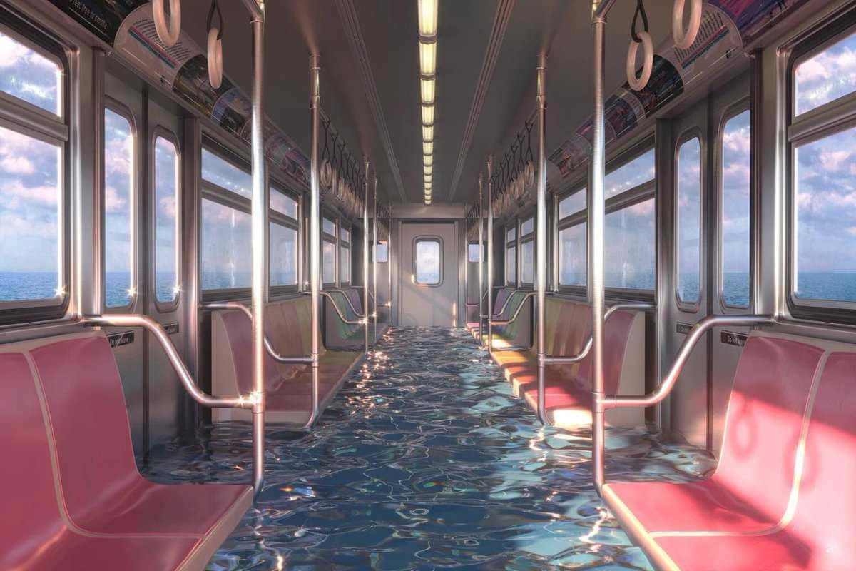  壁紙 — 一列被淹沒的地鐵車廂，粉紅色座椅，海水在雲天下湧過通道。