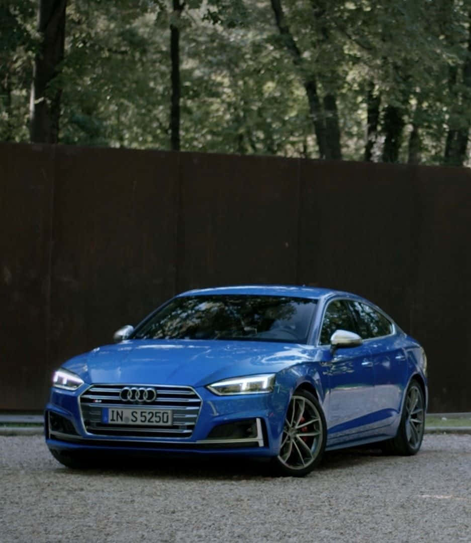 Audi A5 桌布 壁紙 — 一輛充滿活力的藍色奧迪S5跑車停在碎石上，背景有樹木和生鏽的金屬圍欄。