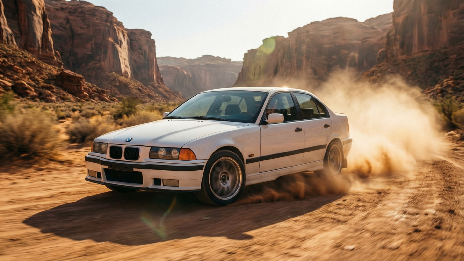 白色BMW房車在沙漠峽谷中高速行駛，在日落時揚起灰塵。