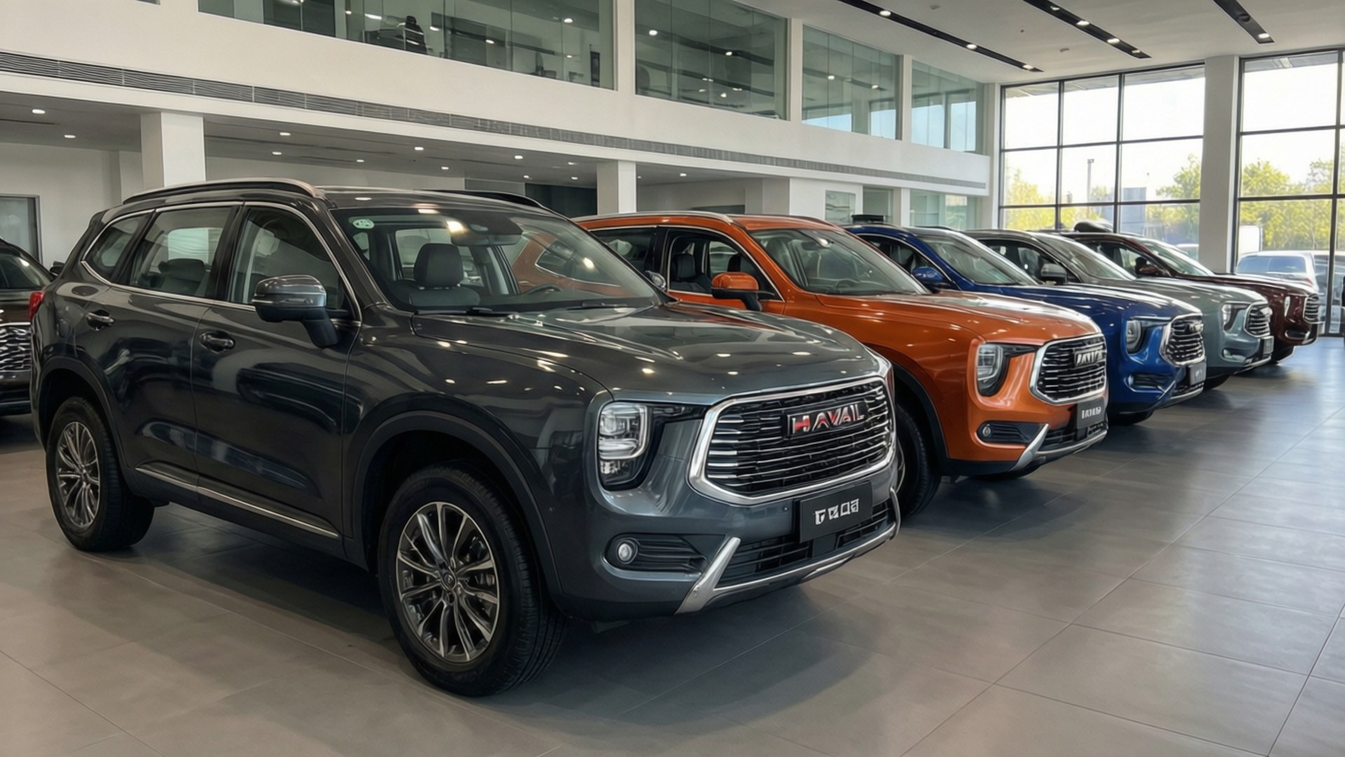 在明亮寬敞的汽車經銷商中展示的現代SUV。