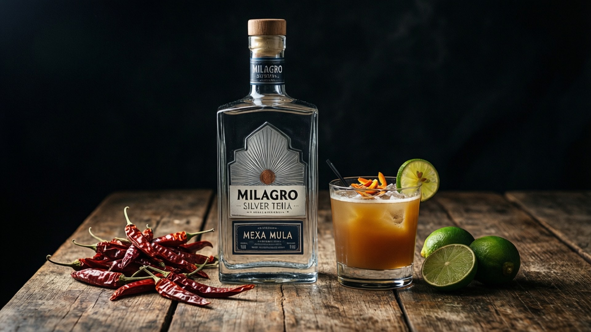 Mexa Mula Drama 壁紙 — 一瓶Milagro Silver Tequila和一杯辛辣的MEXA MULA雞尾酒放在質樸的木桌上，旁邊有乾辣椒和新鮮青檸。