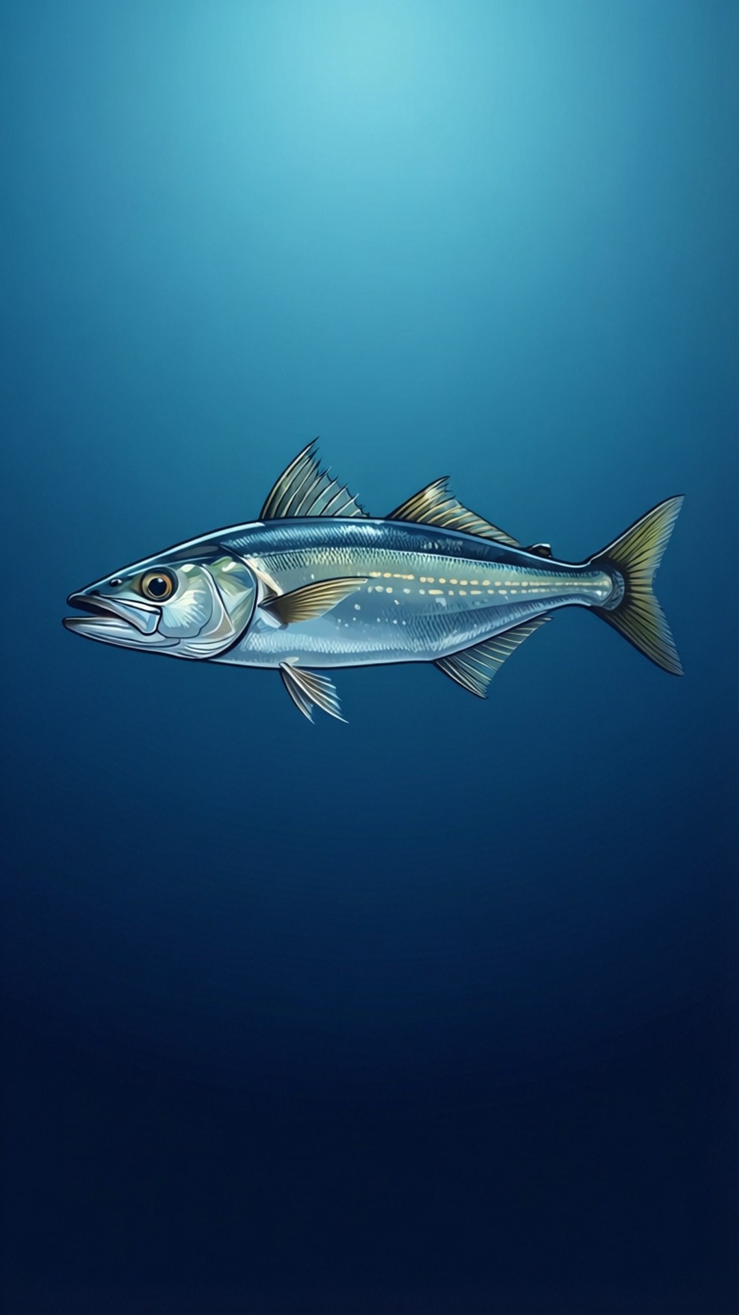 一條銀色魚喺深藍色海水中游水嘅詳細插圖。