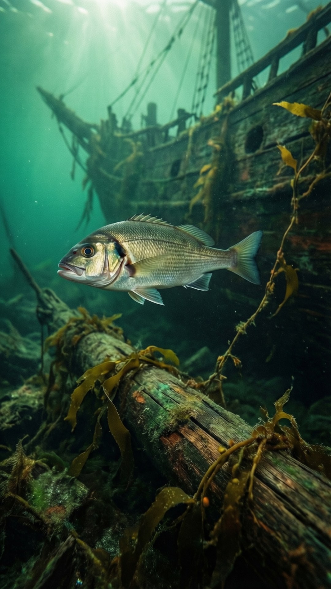 一條魚在陽光照耀、被海藻環繞的沉船附近滑行。