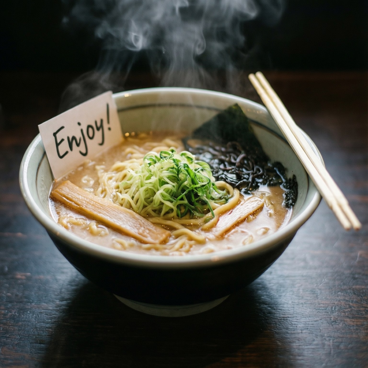 拉麵送達 壁紙 — 一碗冒煙的拉麵，配上筷子同埋一張手寫嘅「享受！」便條，放喺深色木枱上面。