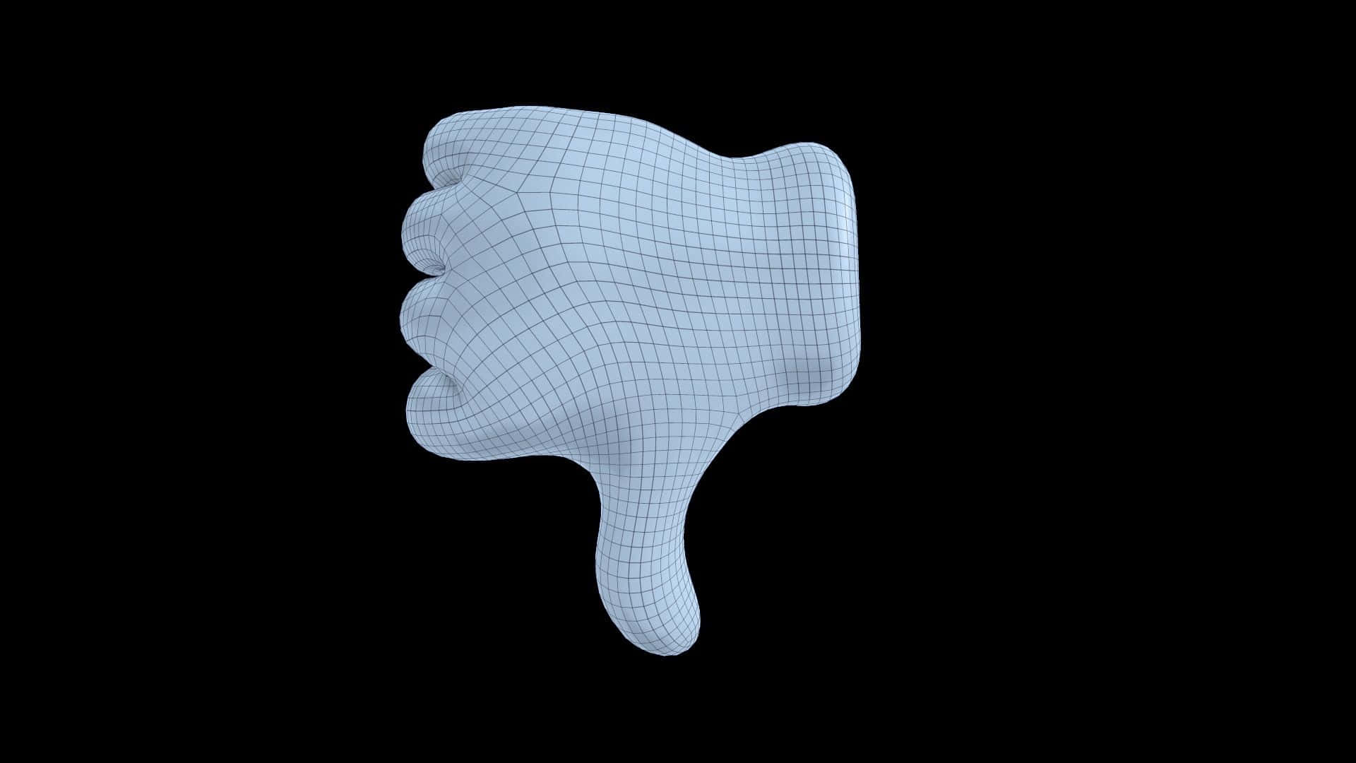  壁紙 — 一隻淺藍色3D渲染的手，在黑色背景上做出拇指向下的手勢，背景可見線框網格。