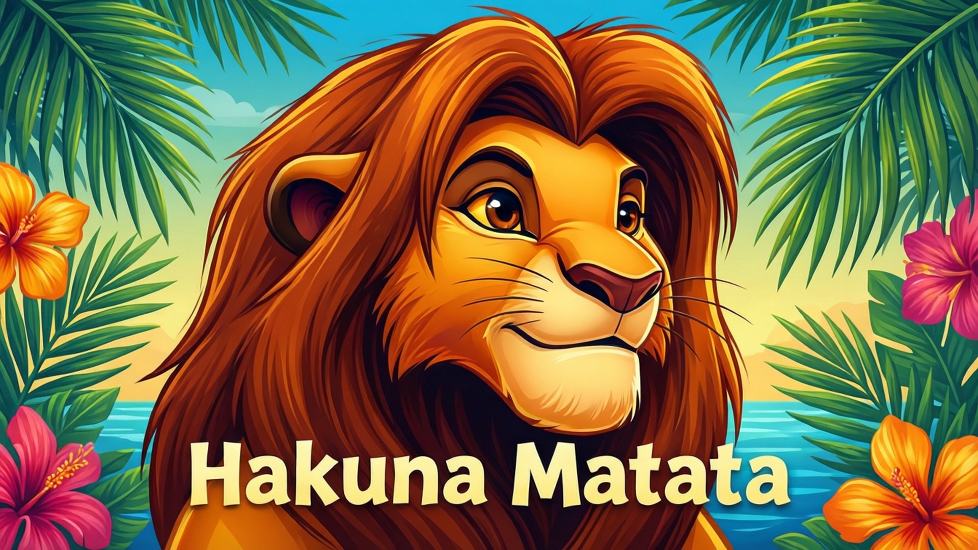simba 桌布 壁紙 — 一隻金色鬃毛的快樂卡通獅子在明亮的藍天下，在熱帶樹葉和木槿花中微笑。