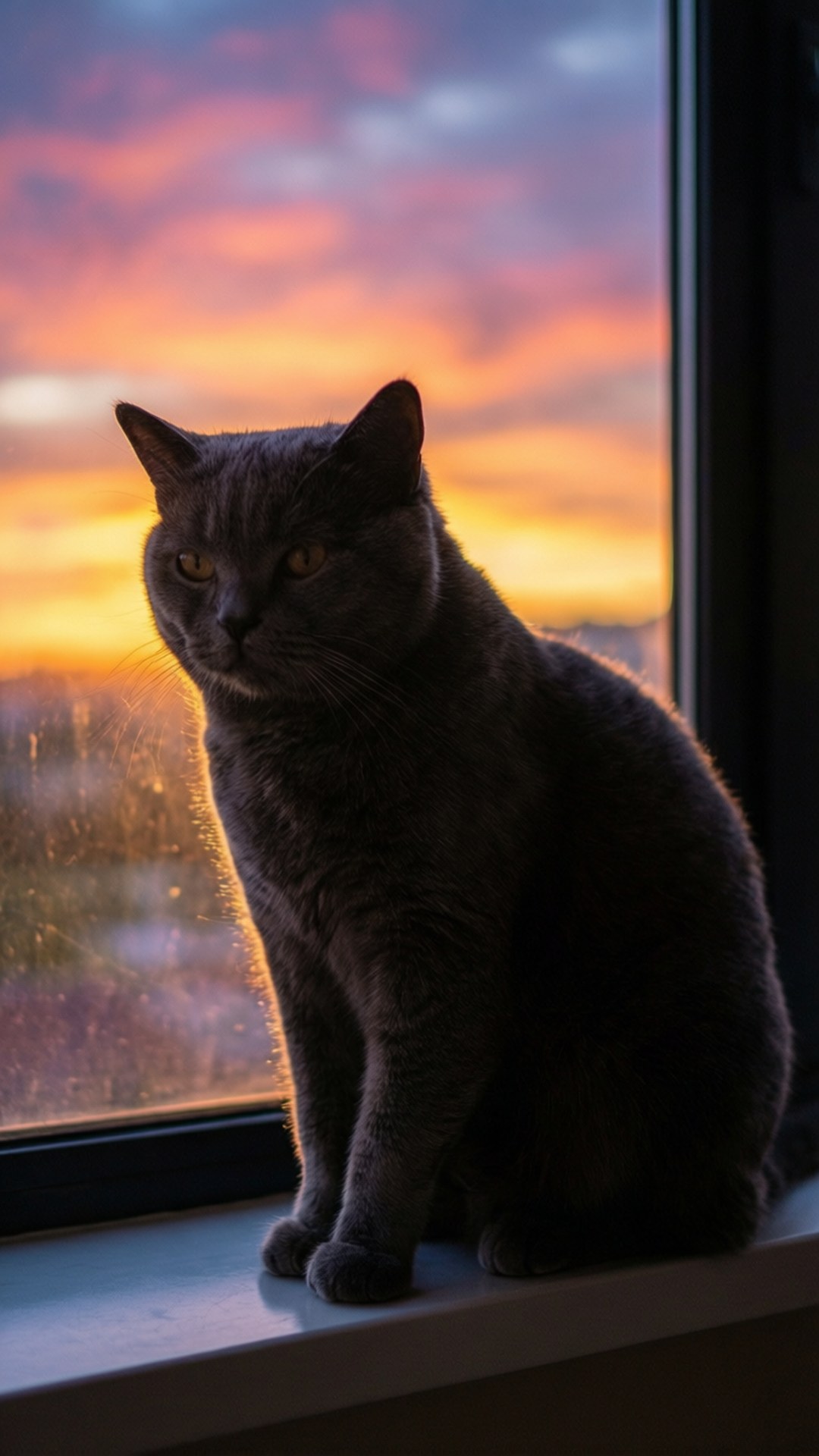 灰色貓咪坐在窗台上看夕陽