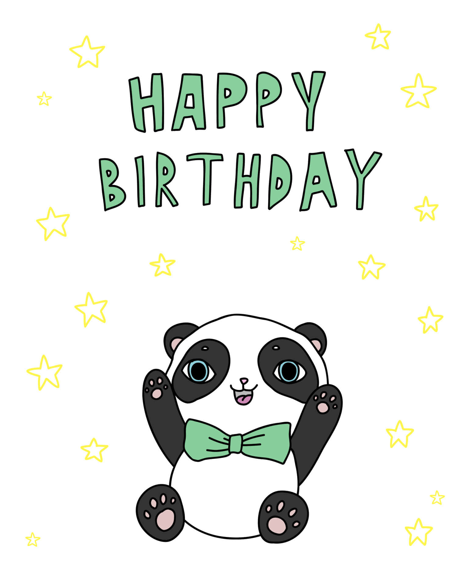  壁紙 — 一隻可愛的卡通熊貓戴著綠色蝴蝶結，在「HAPPY BIRTHDAY」文字和黃色星星下開心地微笑。