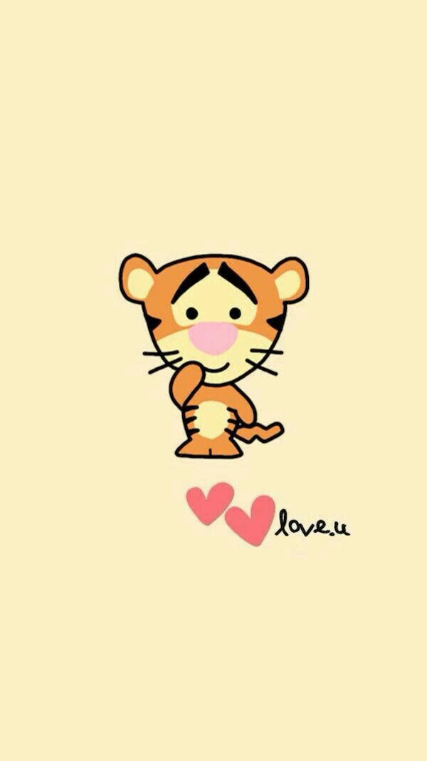 一隻卡通老虎，有心形和love字樣在黃色背景上。