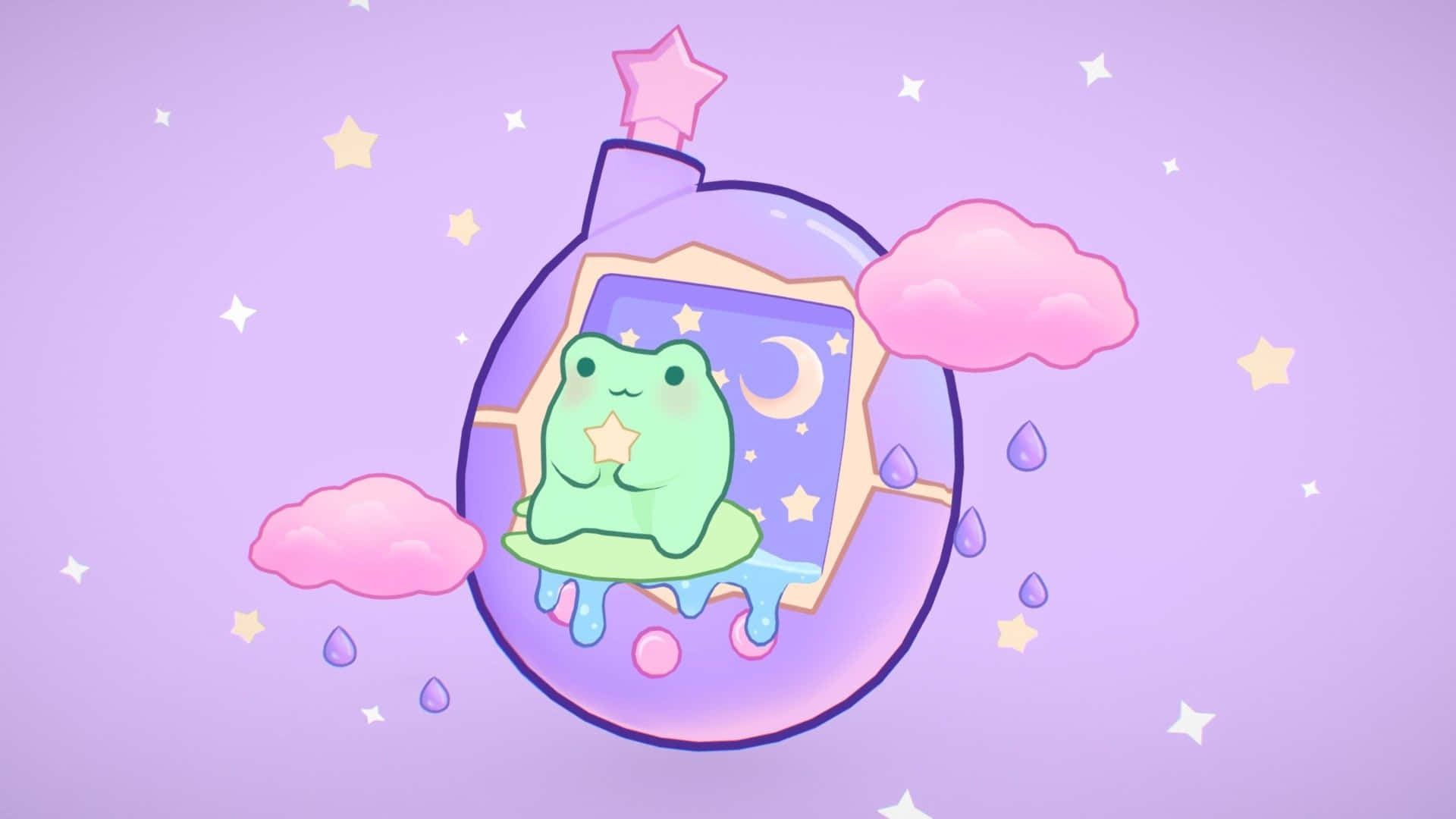  壁紙 — 一隻可愛的綠色青蛙坐在一個發光的紫色瓶子裡，瓶蓋是星星形狀，周圍有粉紅色的雲朵和星星，背景是淡紫色。