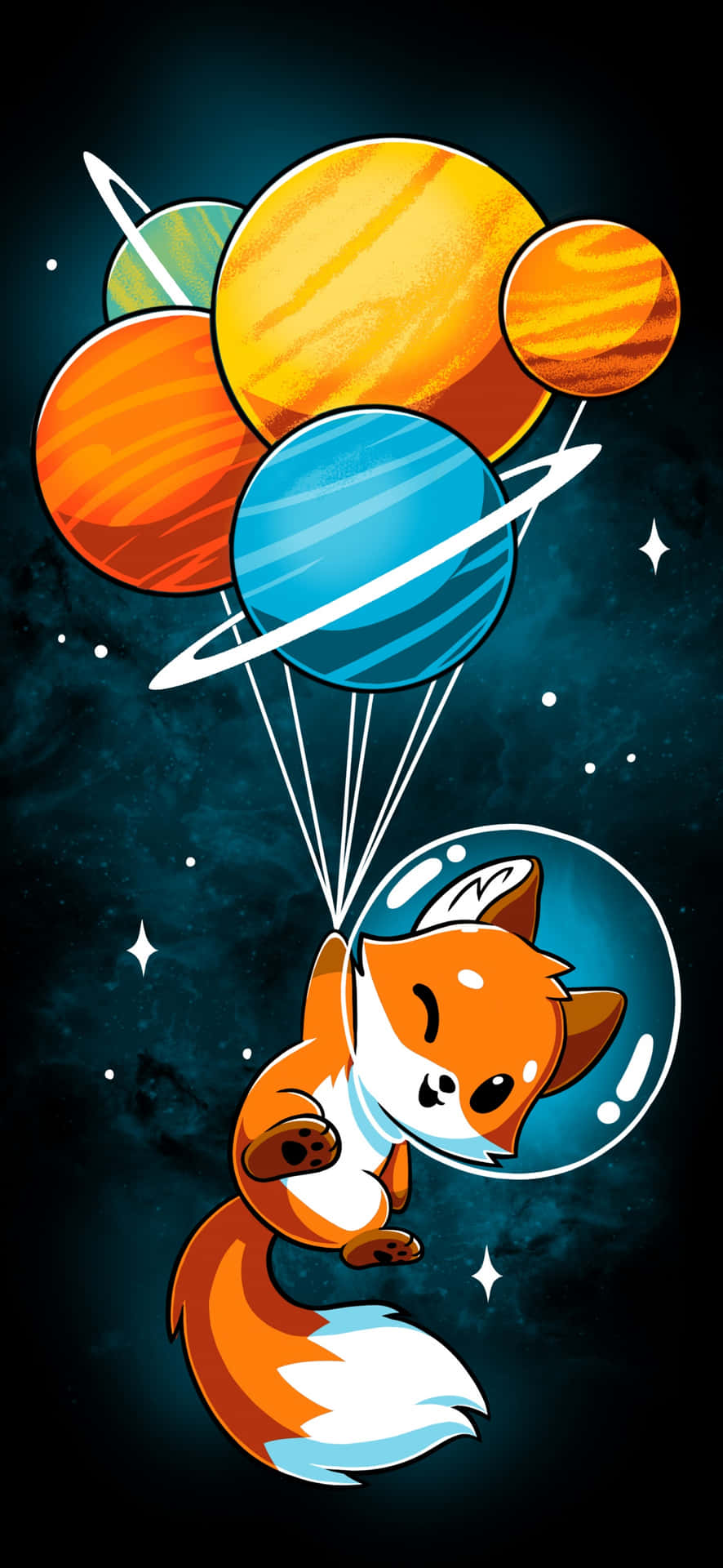 壁紙 — 一隻可愛的卡通狐狸戴著太空頭盔，在星光燦爛的宇宙背景下快樂地漂浮著，手持色彩繽紛的行星氣球。