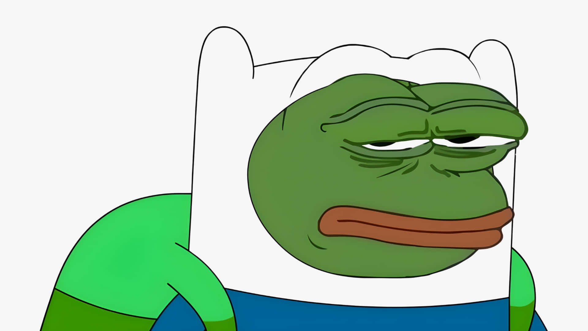  壁紙 — 一隻綠色卡通青蛙戴著白色帽子和藍色襯衫，在純白色背景上看起來很無聊。