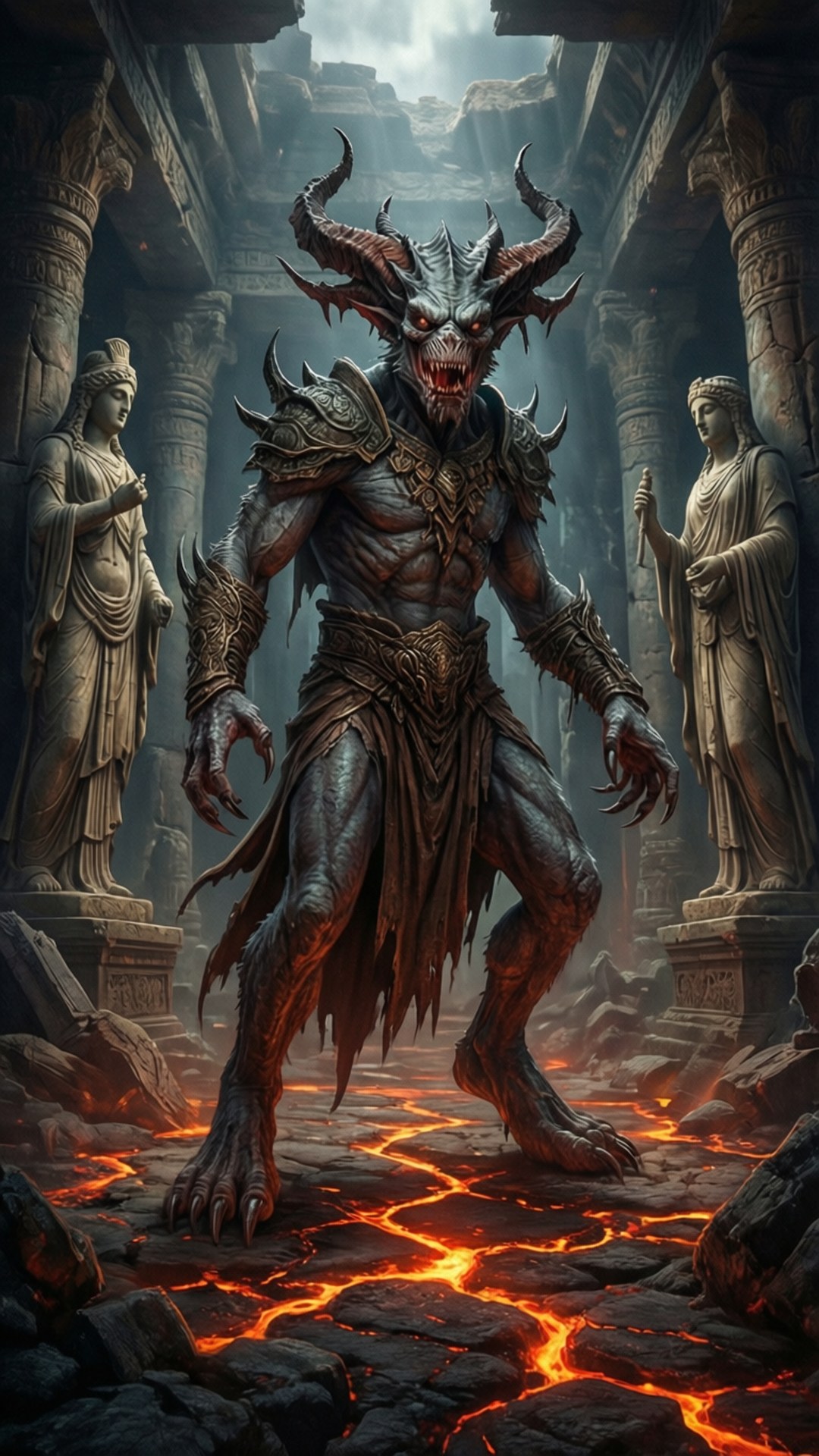 古代神廟中的惡魔生物，地面有熔岩流動。