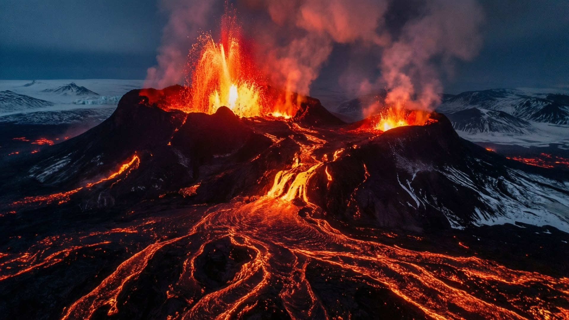 火山爆發，熔岩在夜間流下雪山。