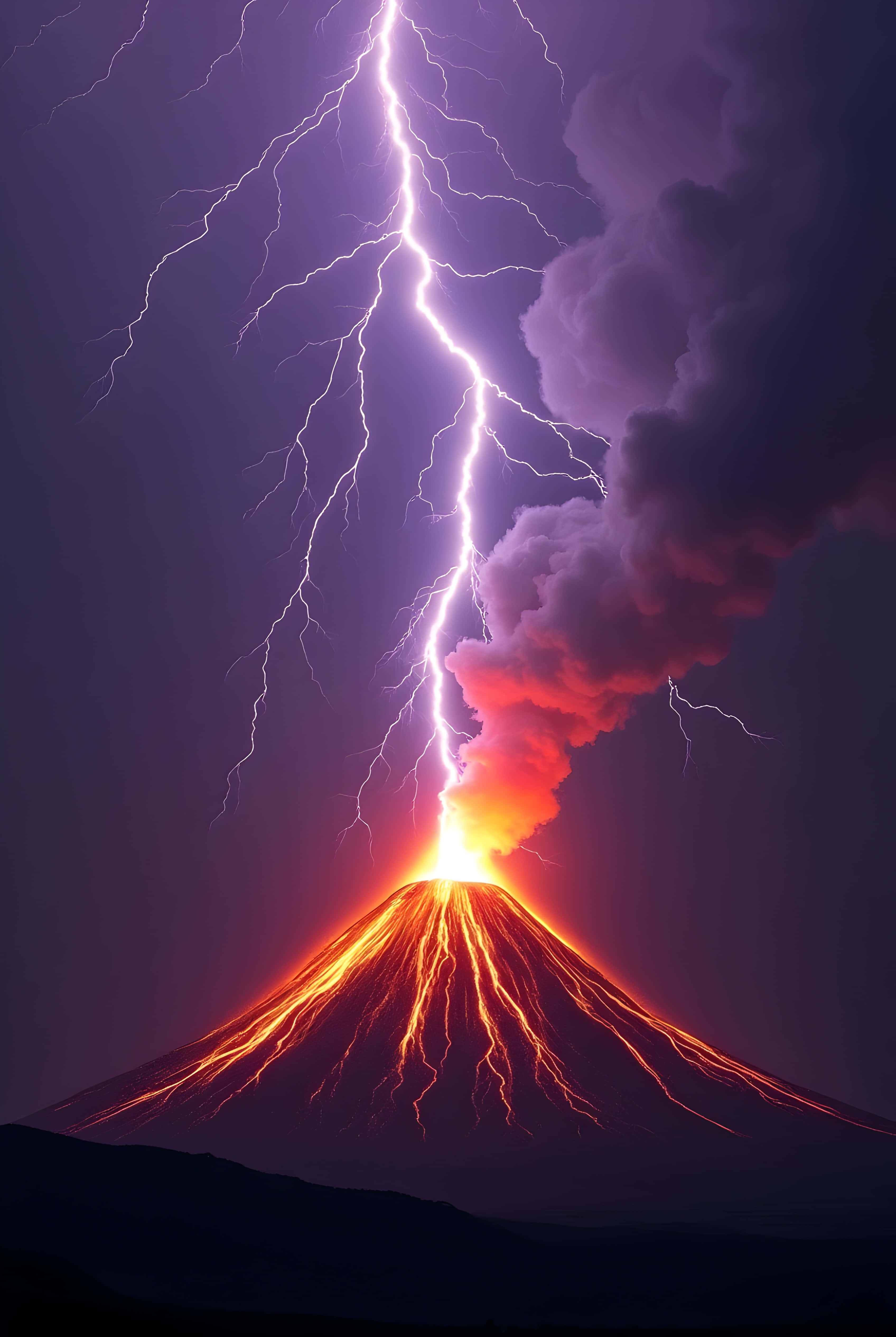 火山閃電襲擊 壁紙 — 夜間火山爆發，被一道巨大閃電照亮，閃電劃破冒煙山頂上空的天空。
