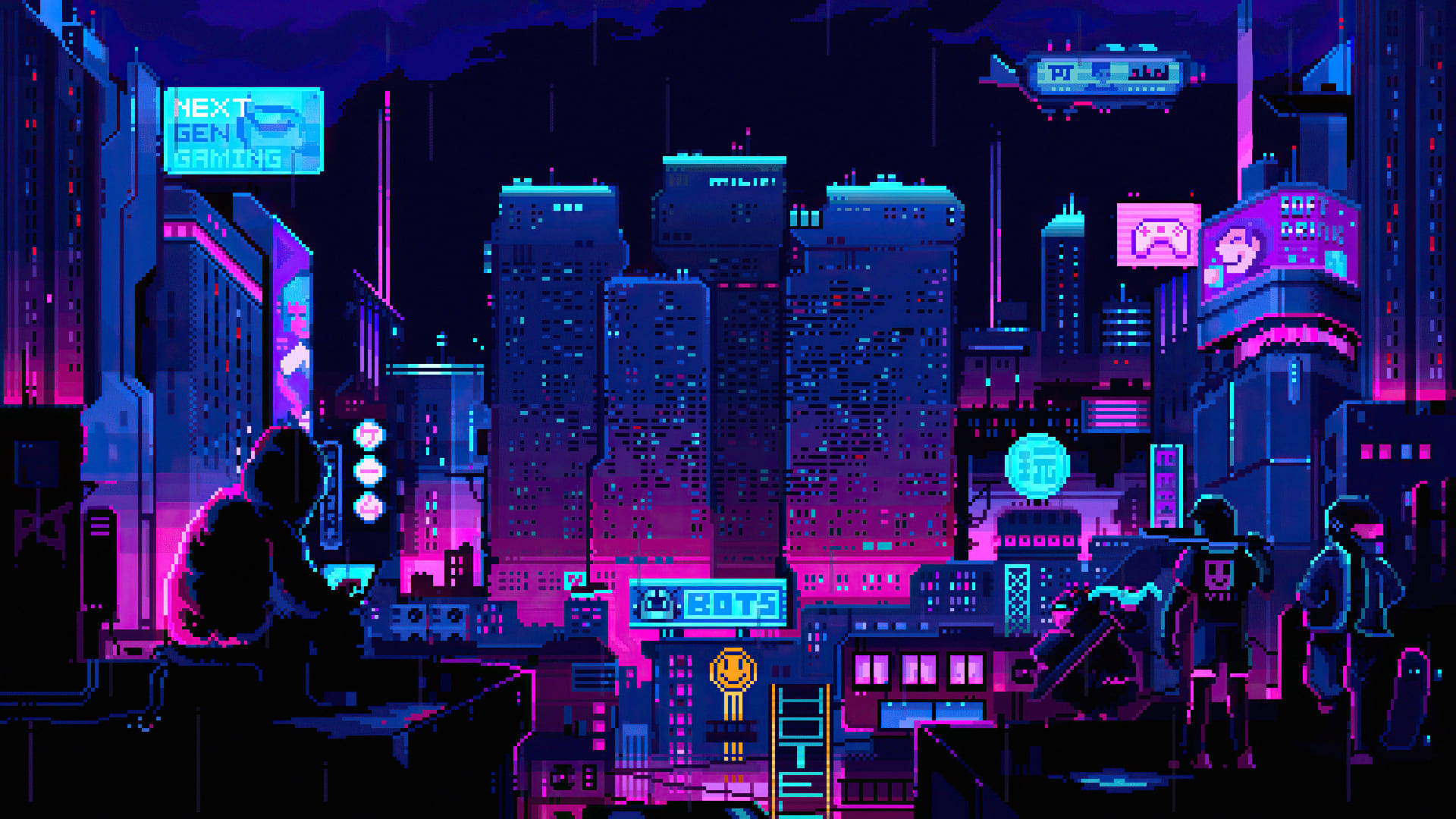 夜晚霓虹燈照亮的像素藝術城市，雨中的人們和發光的標誌。