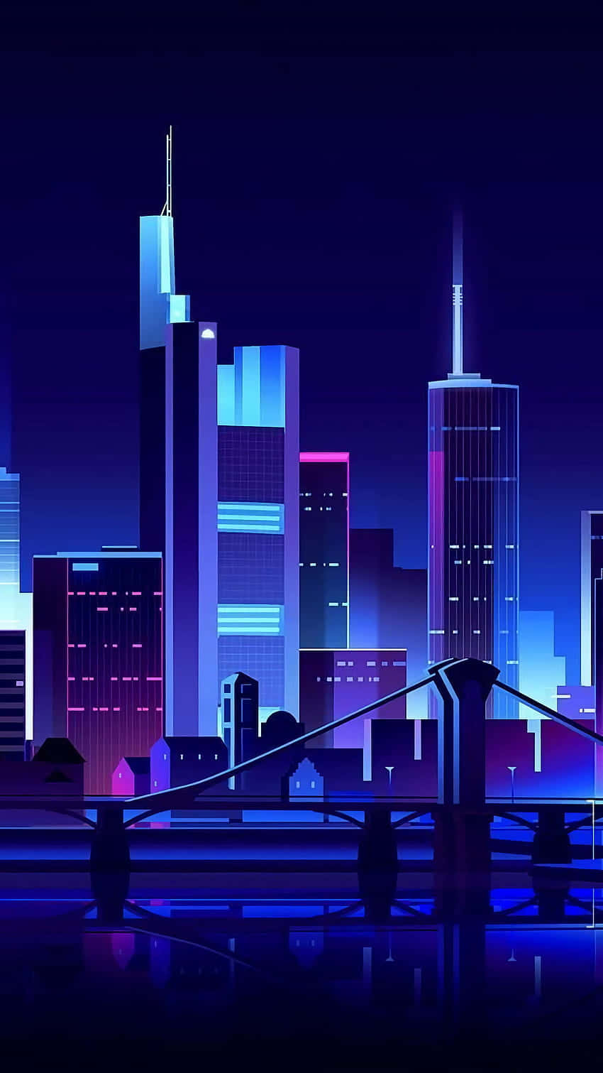  壁紙 — 夜晚霓虹燈照亮的城市景觀，高聳的摩天大樓閃爍著電光藍和洋紅色，倒映在橋下的暗水中。