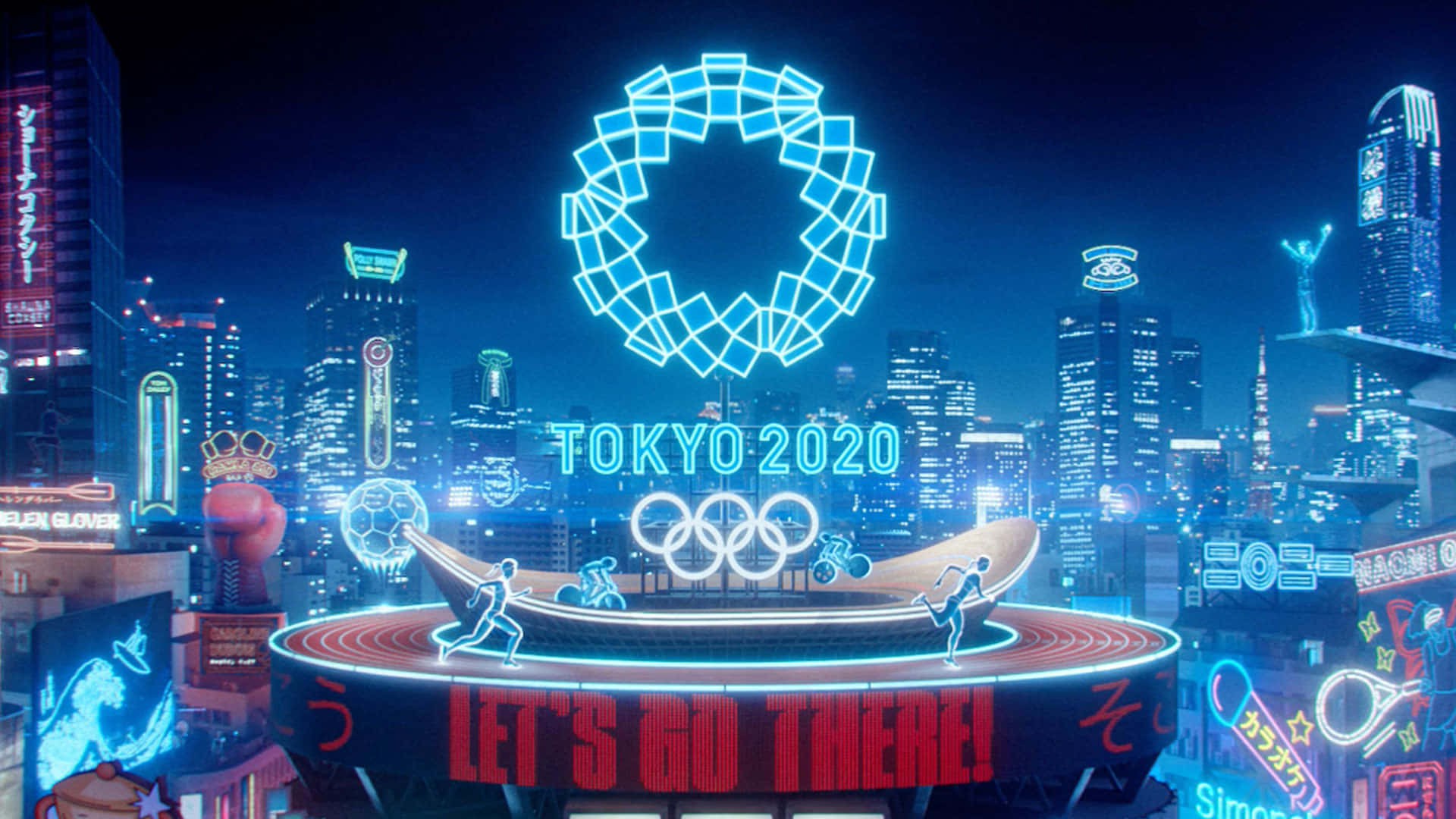 東京2020奧運會霓虹標誌在未來體育場上空閃耀。