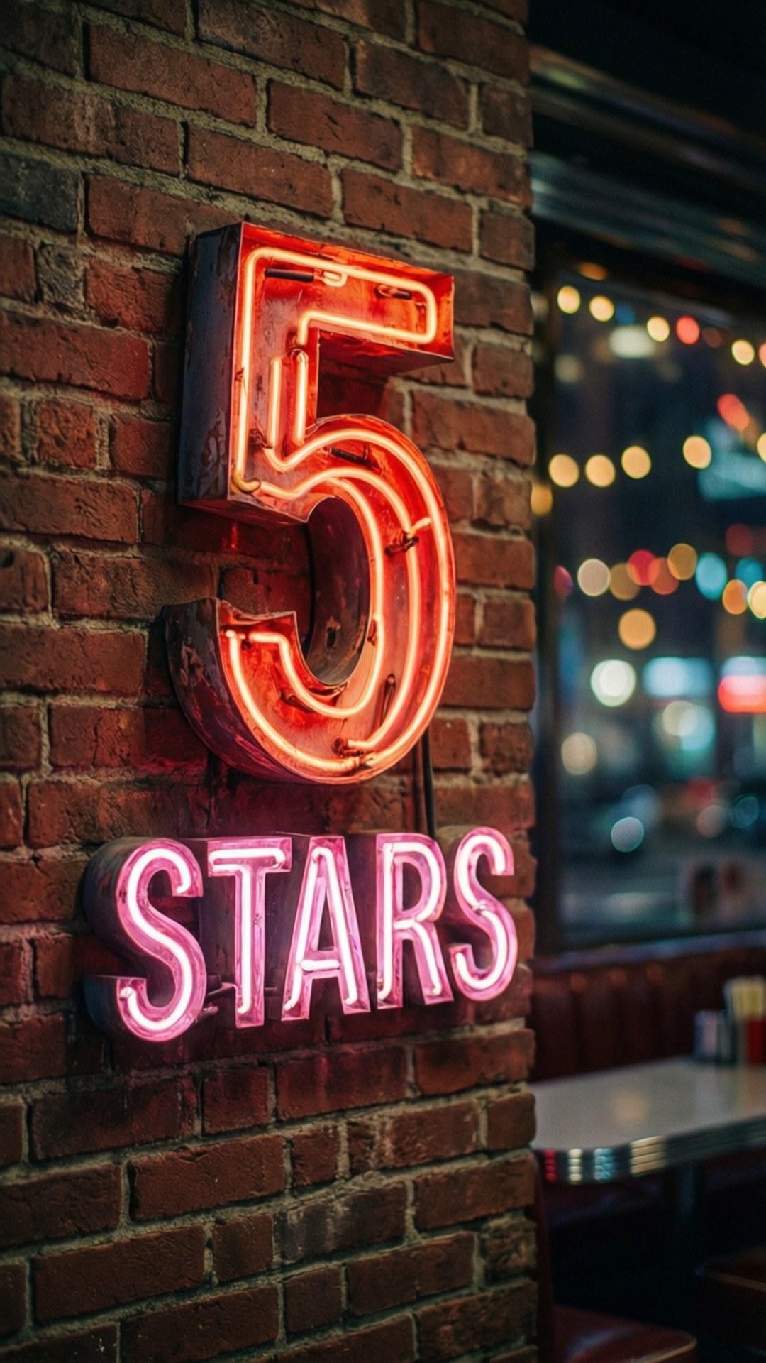 夜晚磚牆上寫有「5 STARS」的霓虹燈標誌，背景有散景燈光。
