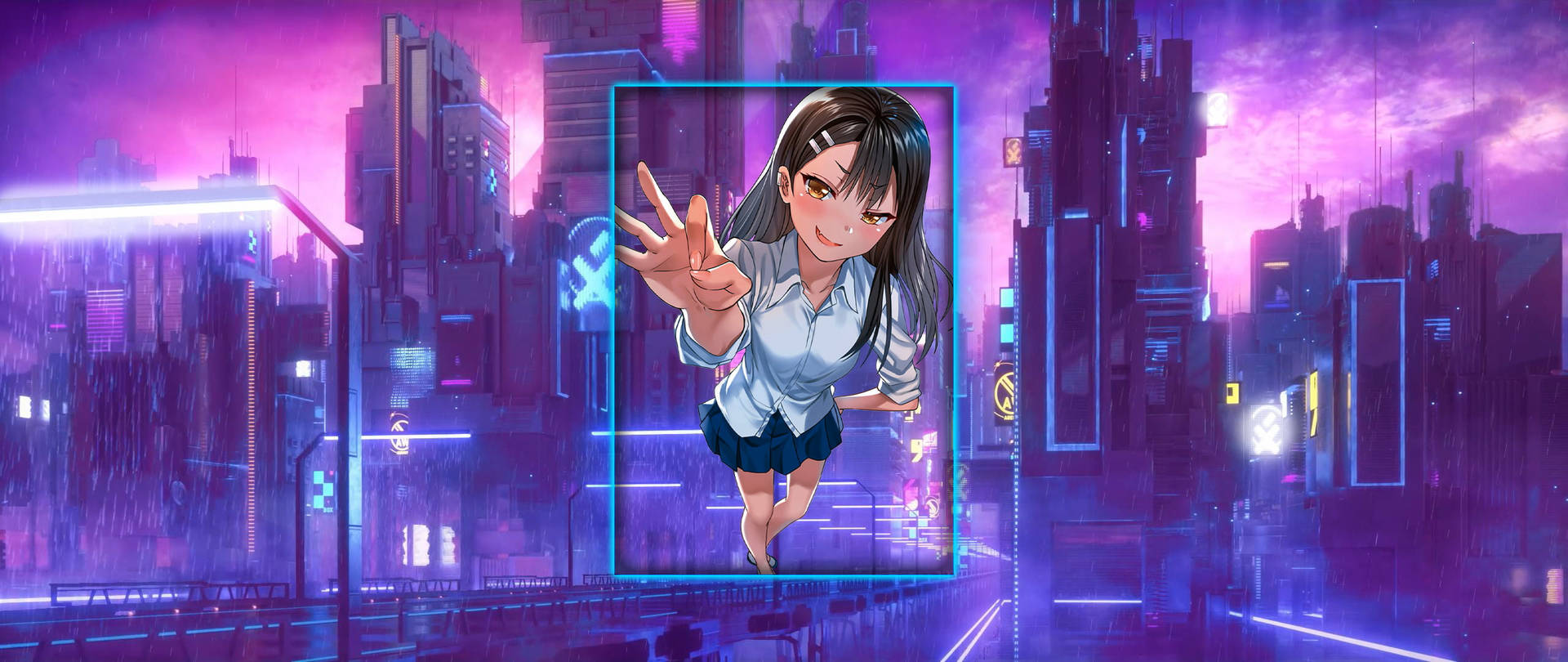 動漫女仔喺霓虹雨濕嘅賽博朋克城市景觀中揮手。