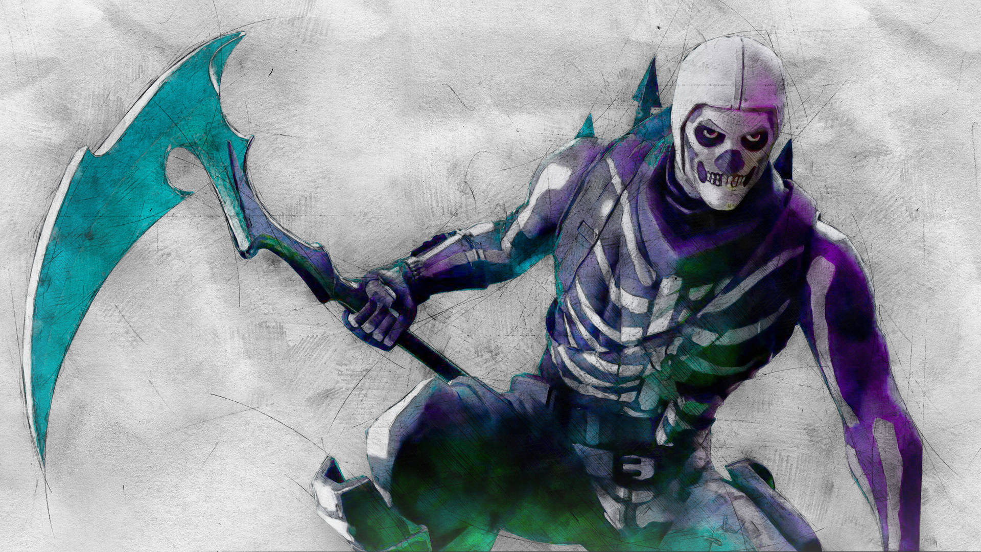 以數位藝術風格手持巨大彎刀的骷髏Fortnite角色。