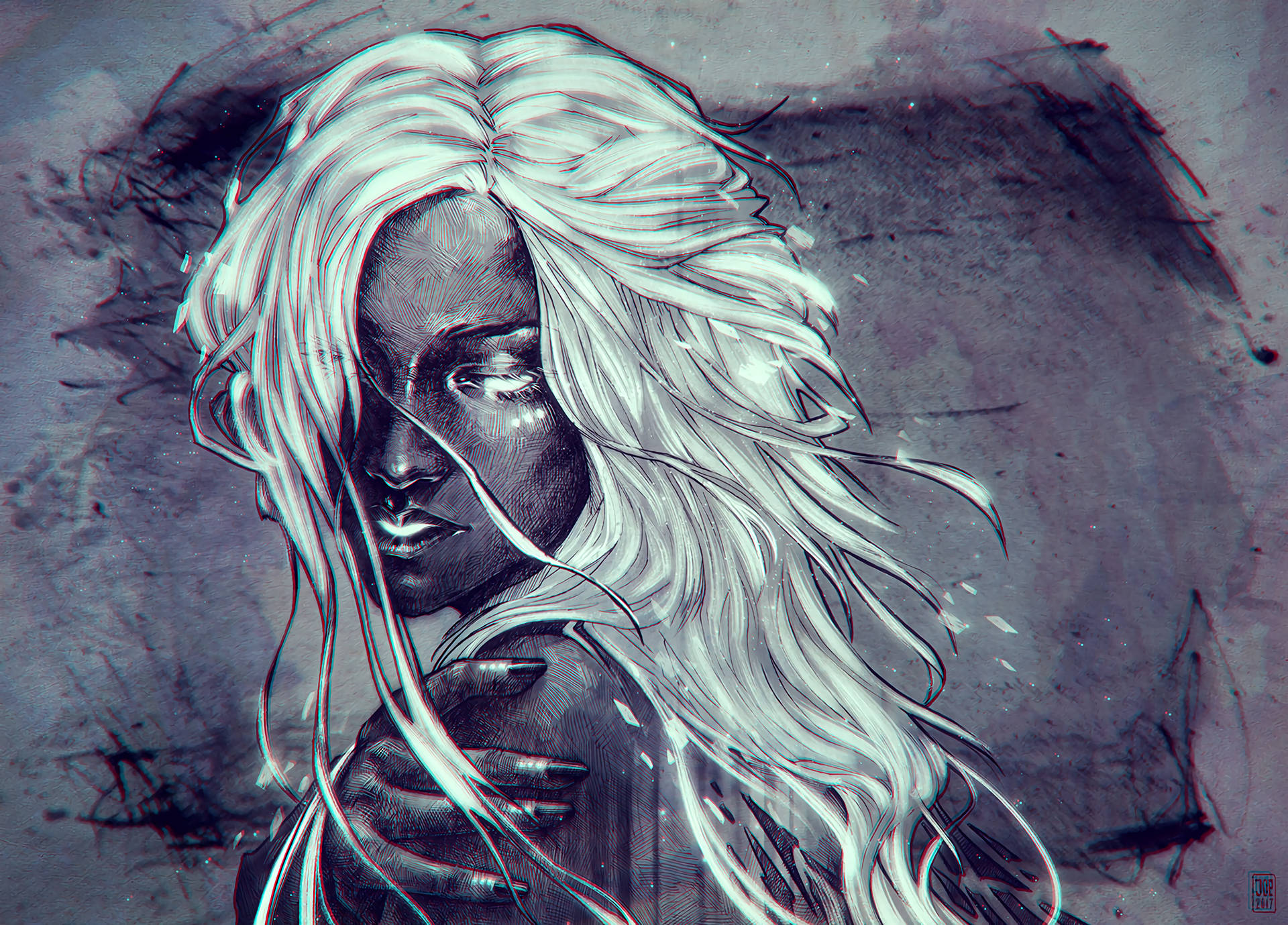一位擁有長白髮和深色皮膚的女性，在陰鬱的數碼插圖中。