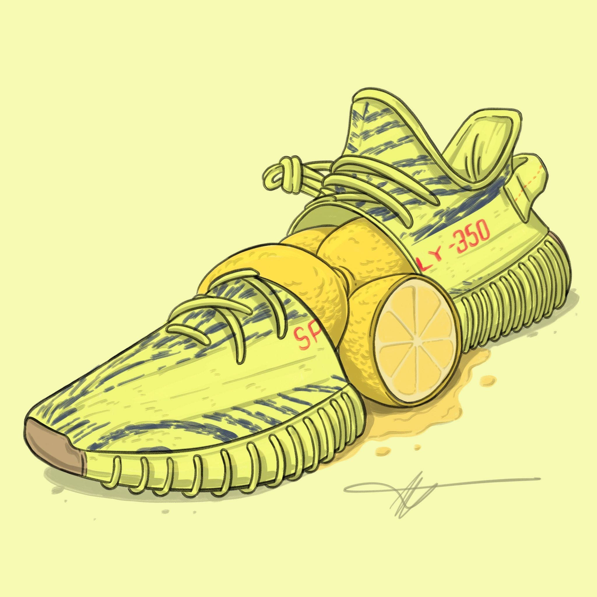 Yeezy黃色卡通鞋 壁紙 — 一雙鮮黃色插圖運動鞋，周圍有檸檬片和果汁，在淡黃色背景上。