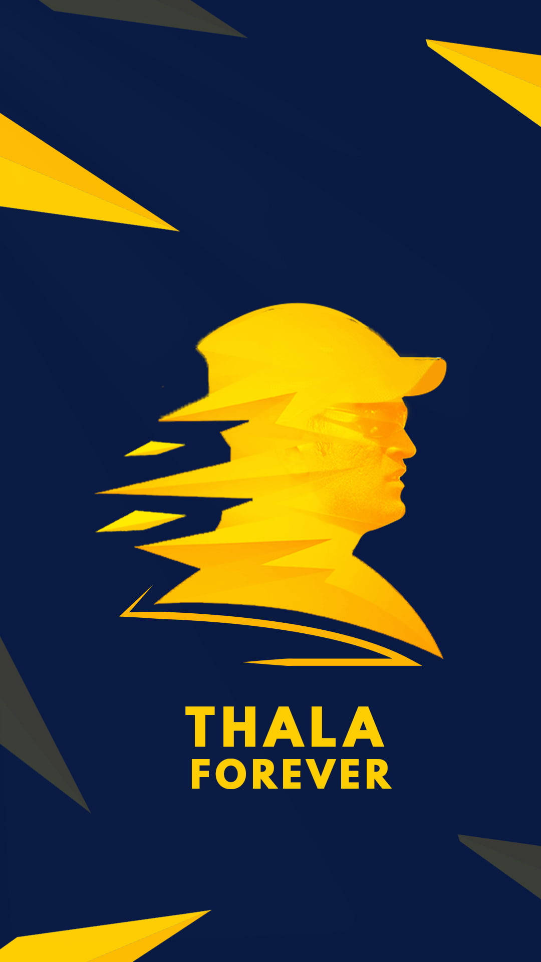 黃色幾何輪廓，戴帽子的男人，帶有「THALA FOREVER」文字。