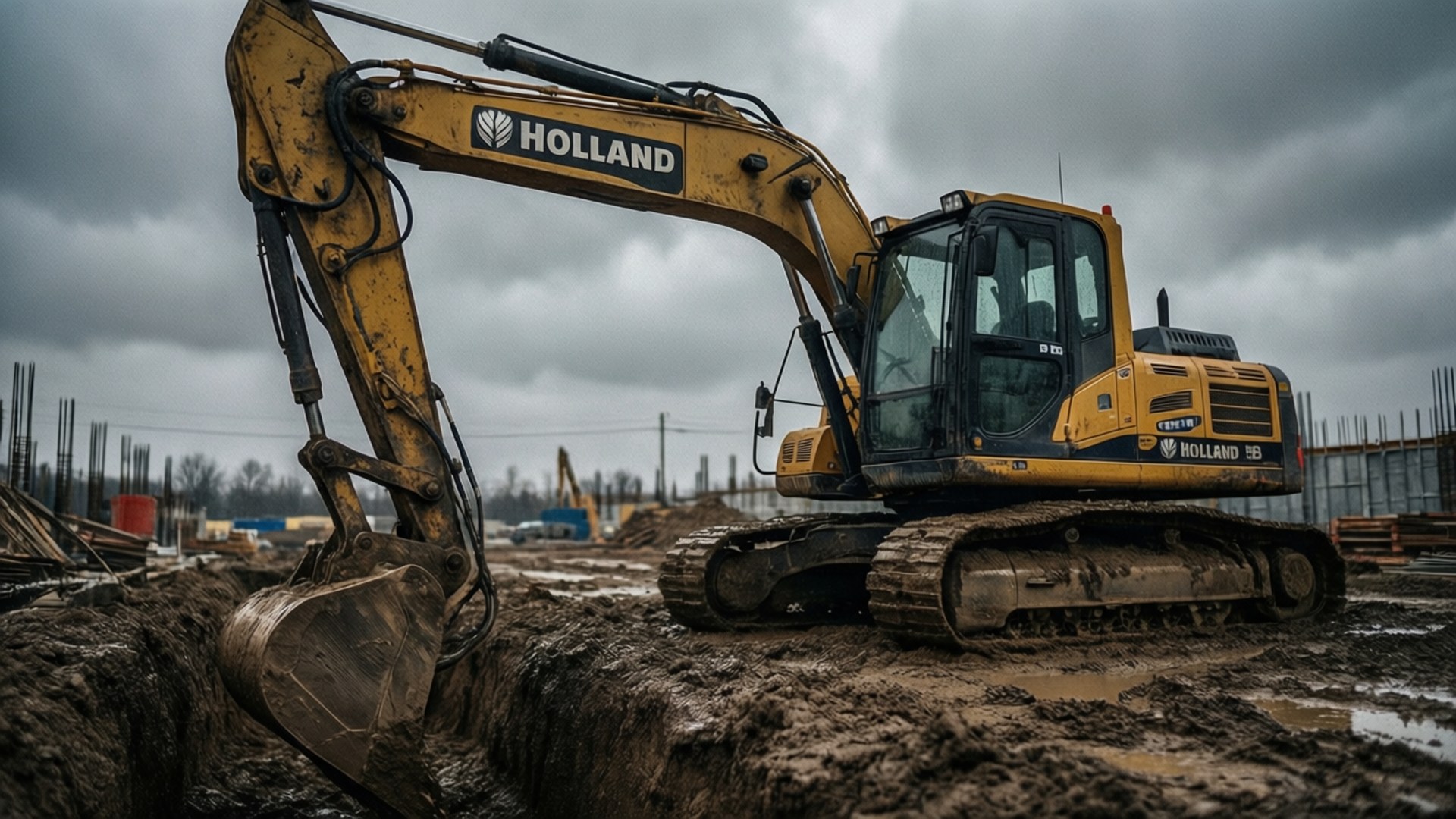 New Holland 桌布 壁紙 — 在陰天之下，一輛黃色的Holland挖掘機在建築工地的泥濘土地上挖掘。