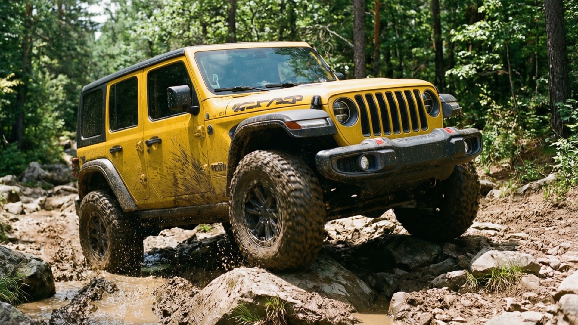 黃色Jeep Wrangler Rubicon在泥濘的森林地形上行駛，伴有岩石和飛濺的水花。