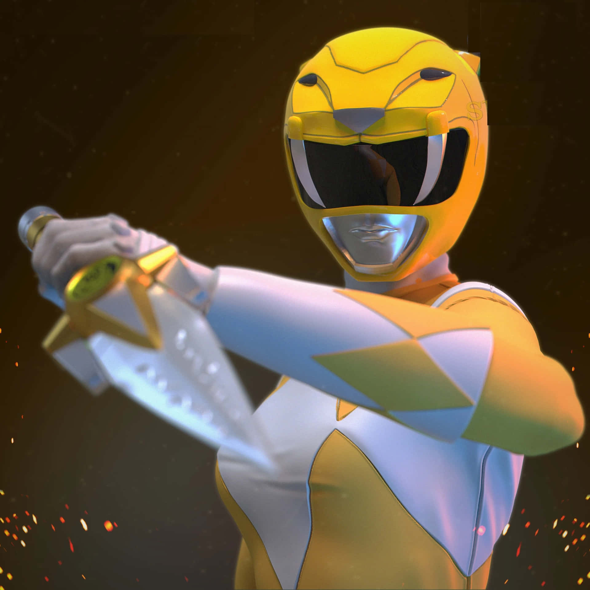  壁紙 — 黃色Power Ranger以動感姿勢揮舞發光劍，背景為黑暗宇宙與熾熱火花。