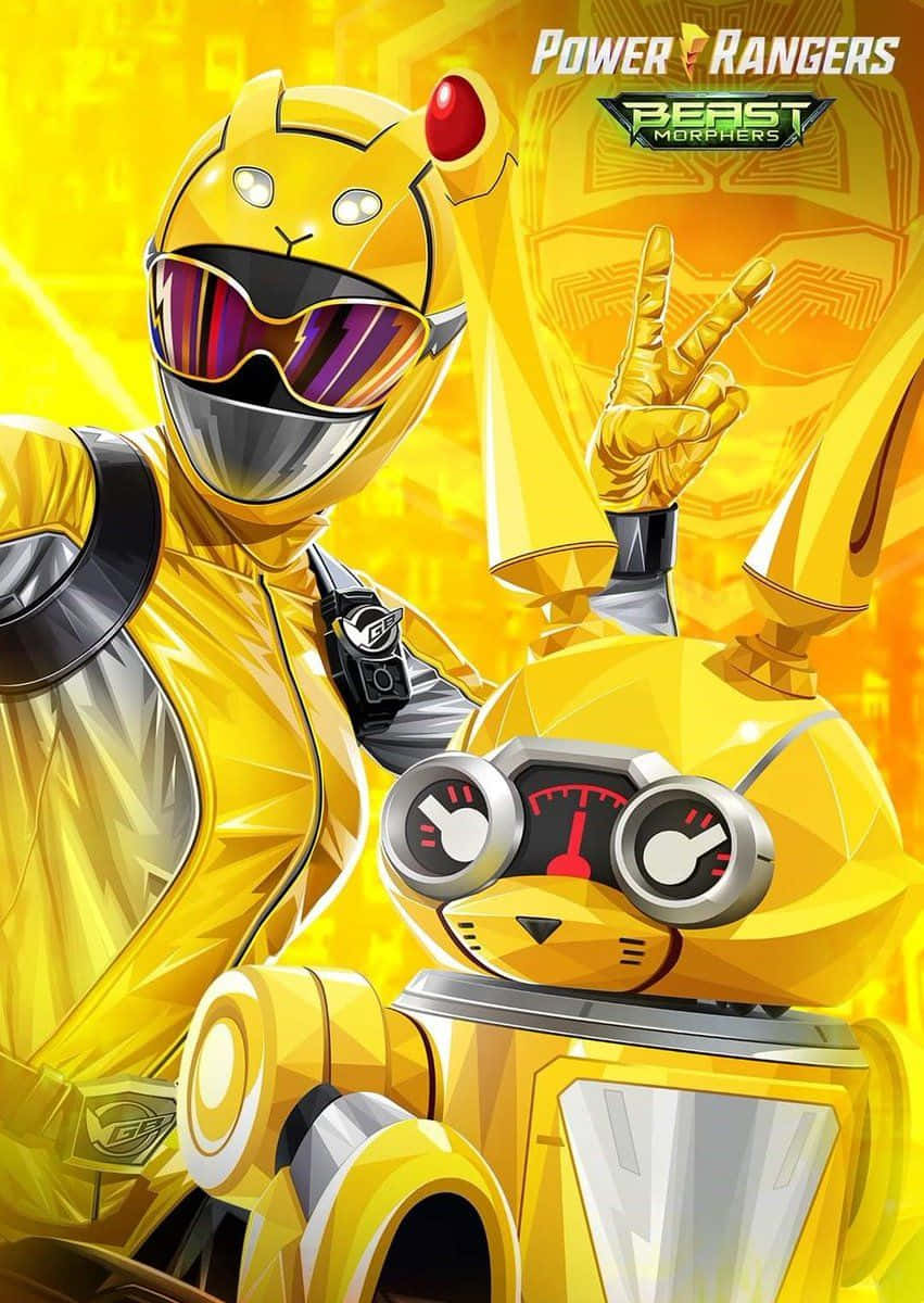  壁紙 — 一個黃色嘅Power Rangers Beast Morphers角色著住貓主題嘅套裝，同一個機械人同伴喺發光金色背景前擺甫士。
