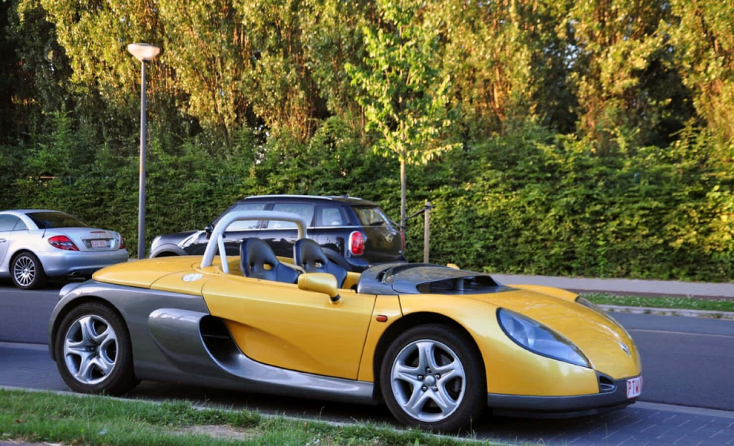 Renault Sport Spider 桌布 壁紙 — 一輛鮮黃色和銀色的雷諾Spider跑車停在黃金時段綠樹成蔭的街道上。