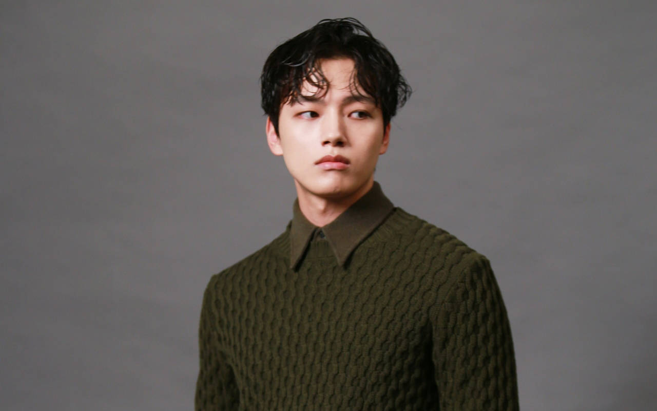 Yeo Jin Goo 藍綠色毛衣 壁紙 — 一位深色亂髮的年輕男子穿著質感橄欖綠毛衣，背景是純灰色攝影棚。