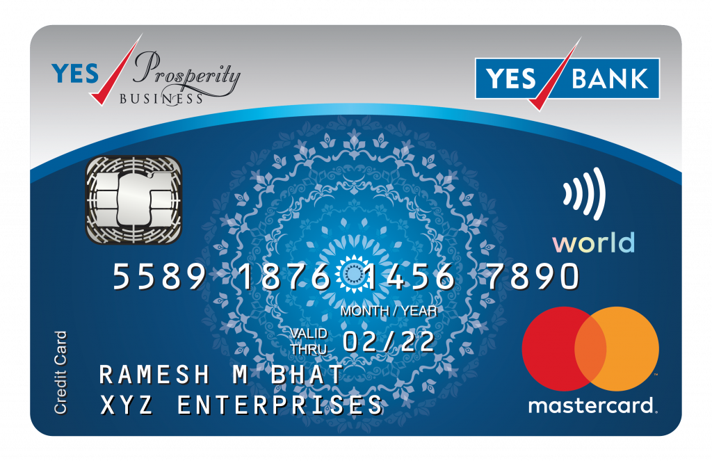 Yes Bank 商業信用卡樣機 壁紙 — 一張藍色和銀色的YES Bank商業信用卡，帶有曼陀羅設計和Mastercard標誌。