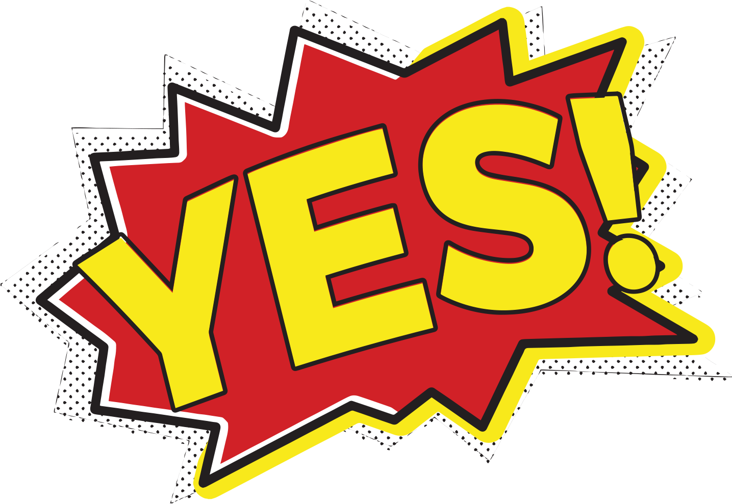 波普藝術風格「YES!」字樣 壁紙 — 大膽的紅色和黃色漫畫風格對話框以白色半色調點和黑色輪廓喊出「YES！」。