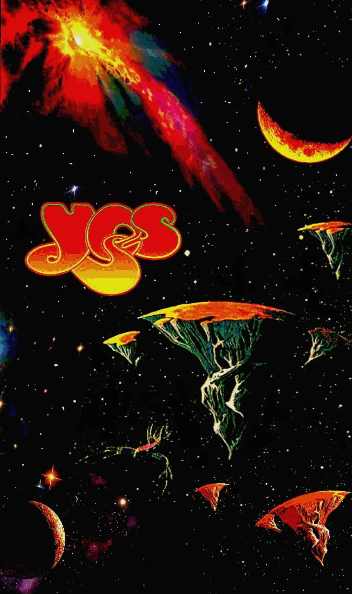 迷幻太空場景，發光的星雲和漂浮的外星結構，帶有樂隊YES標誌。