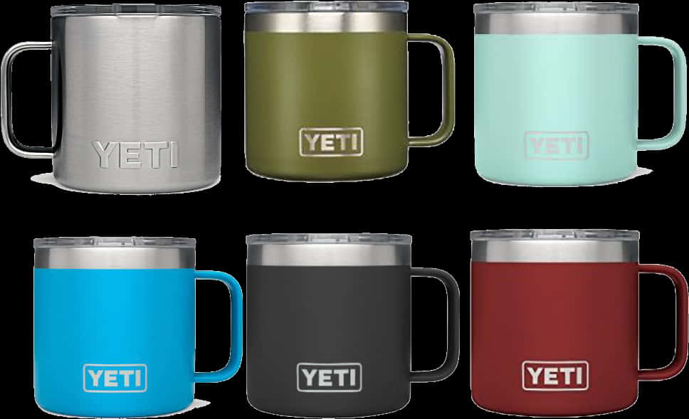 Yeti 不同顏色的保溫杯 壁紙 — 六個色彩繽紛的Yeti保溫杯，顏色包括銀色、橄欖色、薄荷色、藍色、炭灰色和紅色，整齊排列在黑色背景上。