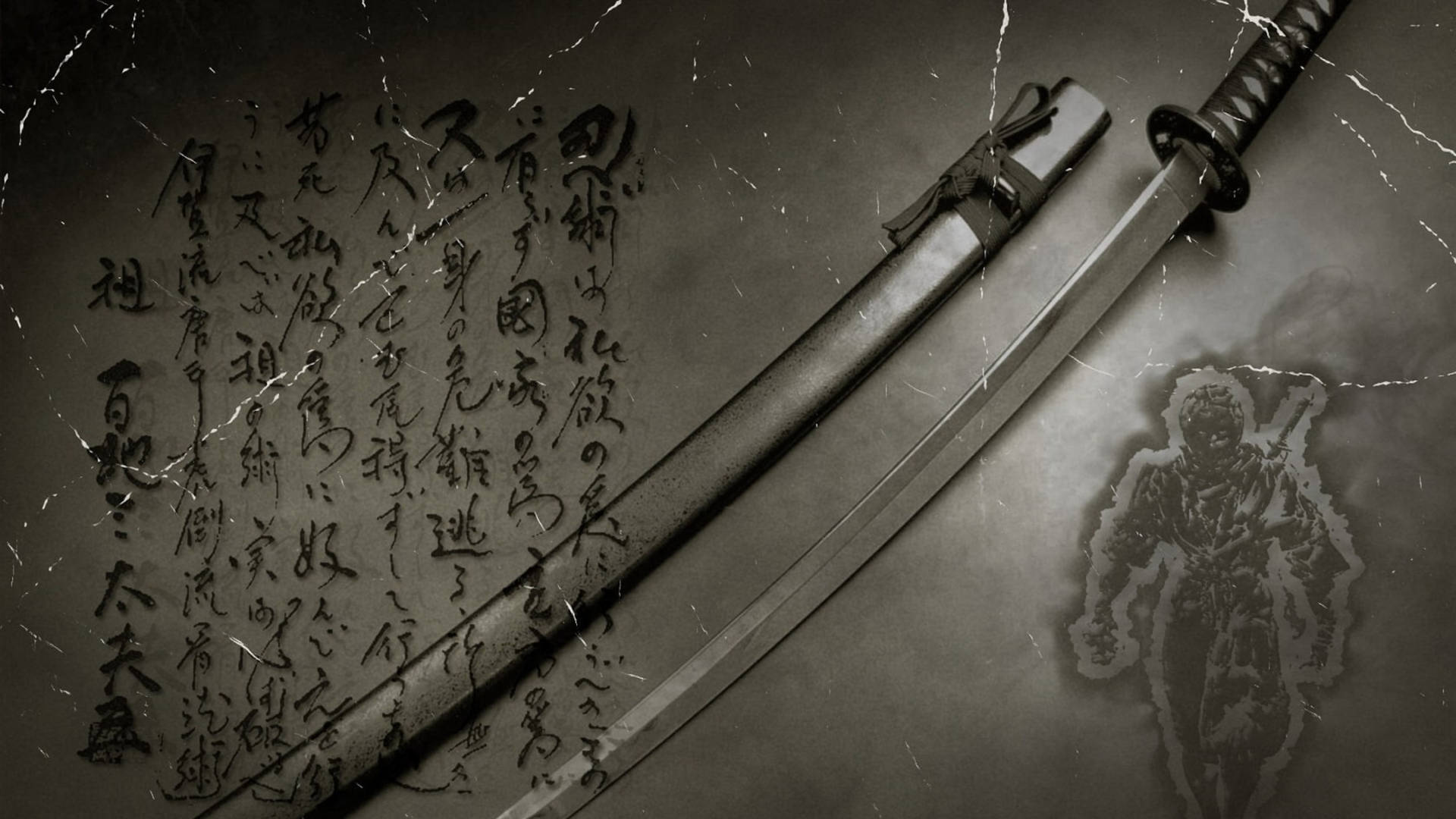 龜裂背景上帶有日本文字和武士鬼魂的武士刀和刀鞘。