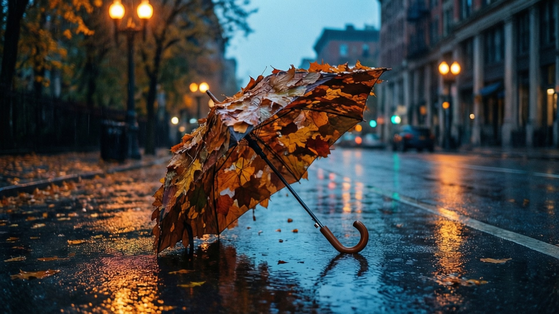 一把覆蓋著秋天落葉的雨傘，在黃昏時分打開在濕漉漉的城市街道上。