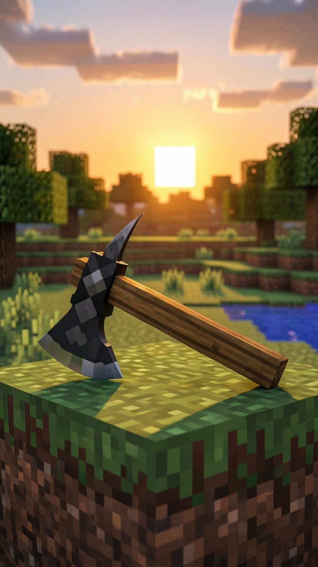 一把木柄、方格刀片的斧頭放在Minecraft日落場景的草方塊上。